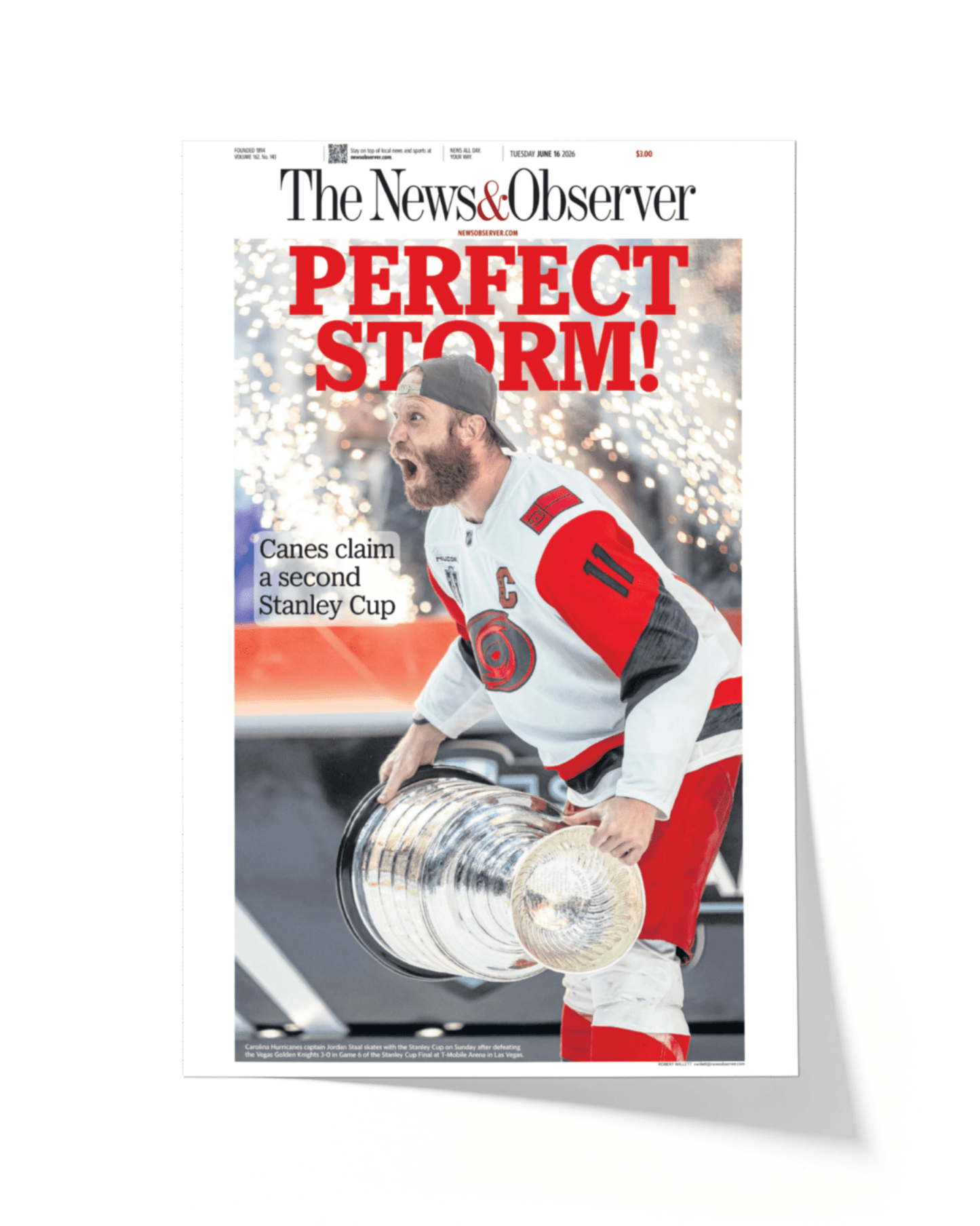 2026 Carolina Hurricanes “Perfect Storm!” Stanley Cup Champions Framed Newspaper - TitleGameFrames.com
