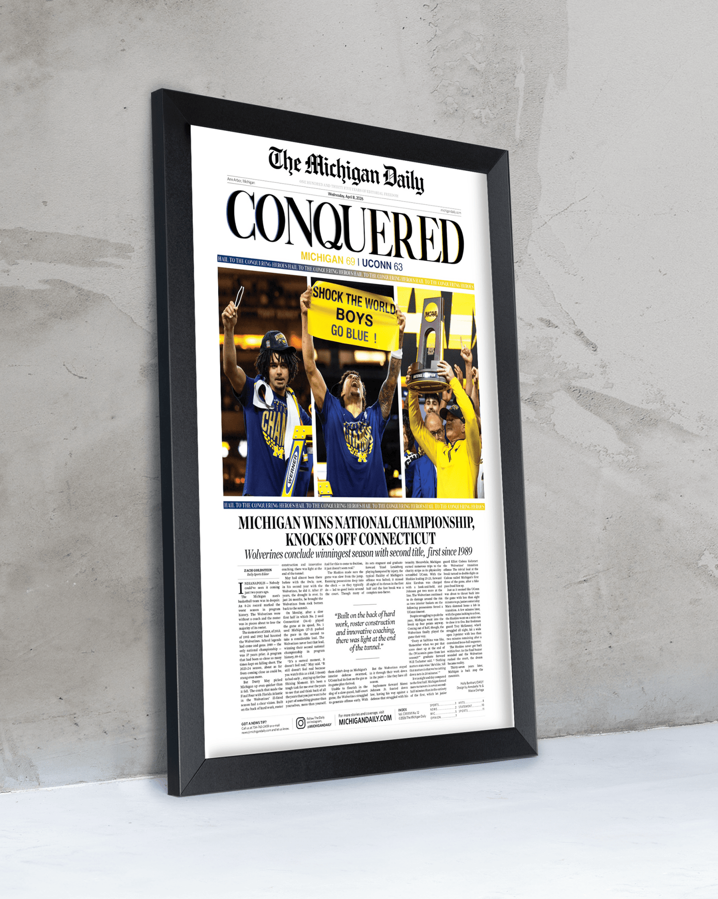 2026 Michigan Wolverines “CONQUERED” NCAA National Champions Framed Newspaper | 69 - 63 vs UConn - TitleGameFrames.com