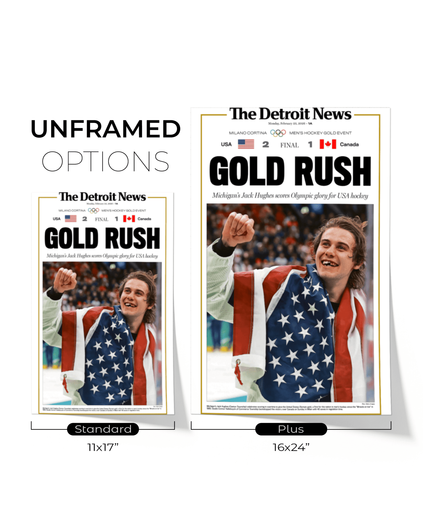 2026 Team USA Hockey “Gold Rush” Jack Hughes Olympic Winner Framed Newspaper - TitleGameFrames.com