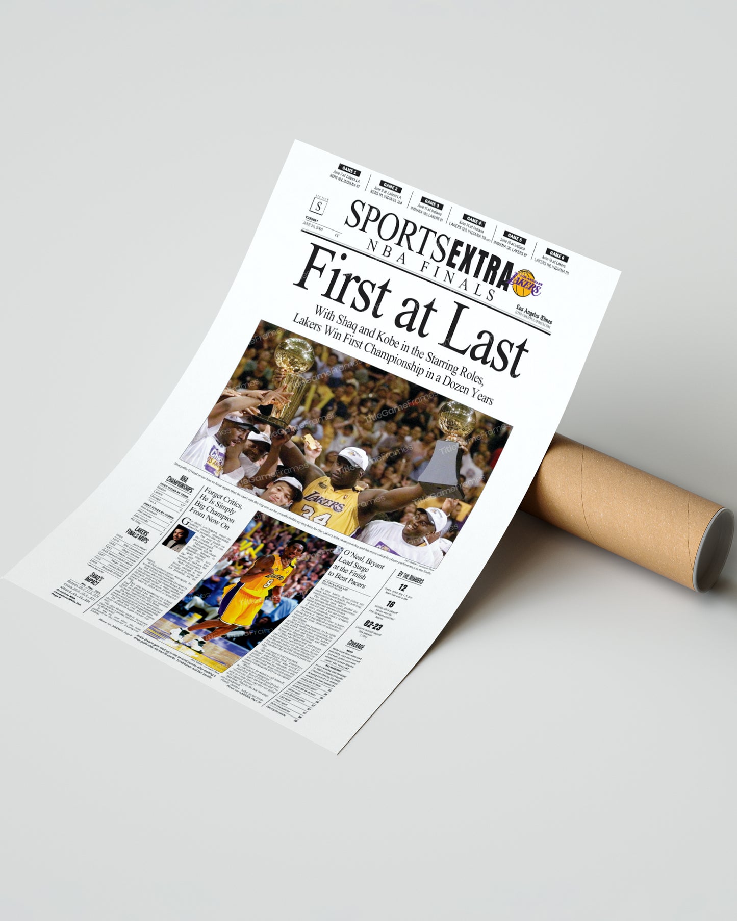 2000 Los Angeles Lakers NBA Champions Framed Newspaper Front Page Newspaper Print Kobe and Shaq Staples Center