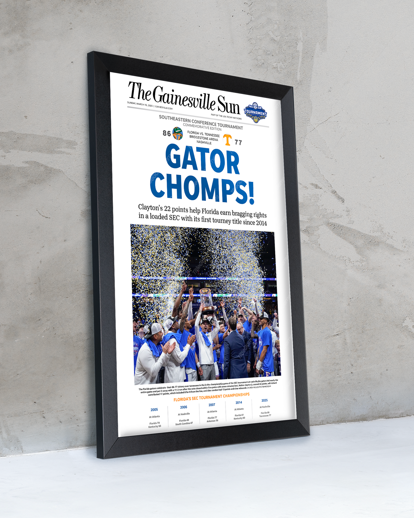 2025 Florida Gators Basketball SEC Champions "Gator Chomps" Framed Newspaper