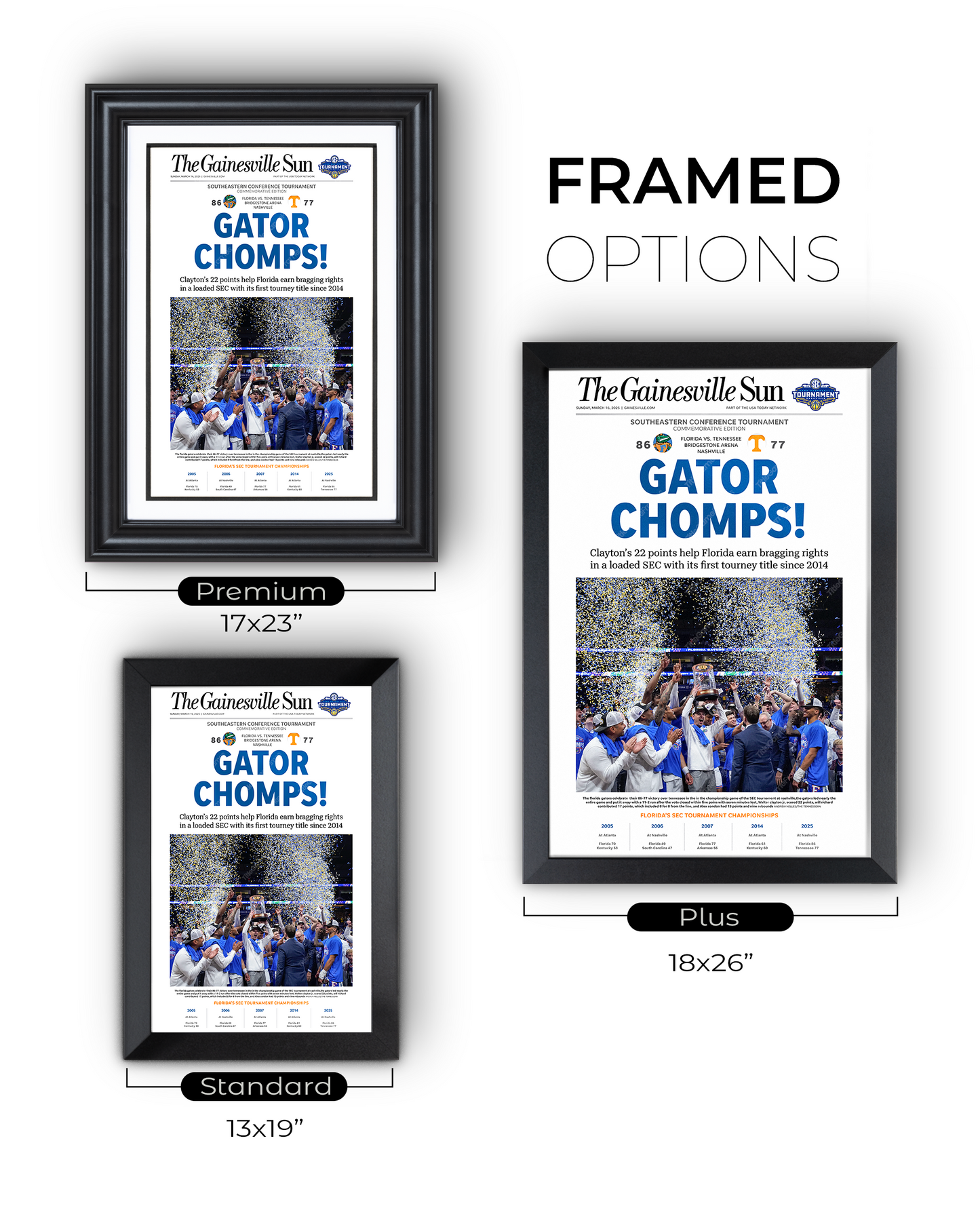 2025 Florida Gators Basketball SEC Champions "Gator Chomps" Framed Newspaper