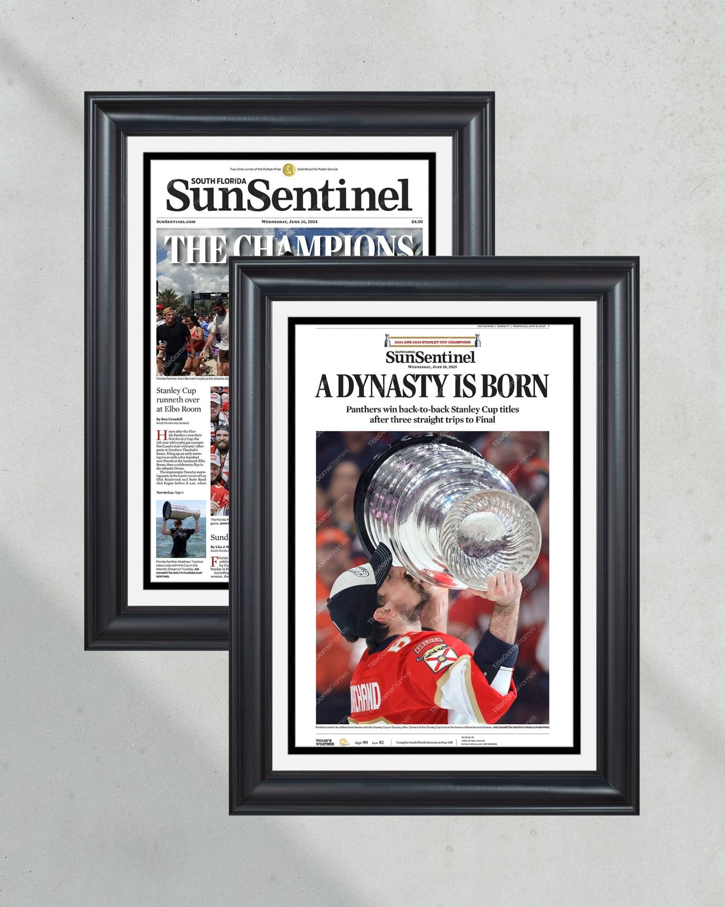 Florida Panthers 2024 & 2025 Stanley Cup Champions Collector’s Framed Newspaper Set - TitleGameFrames.com