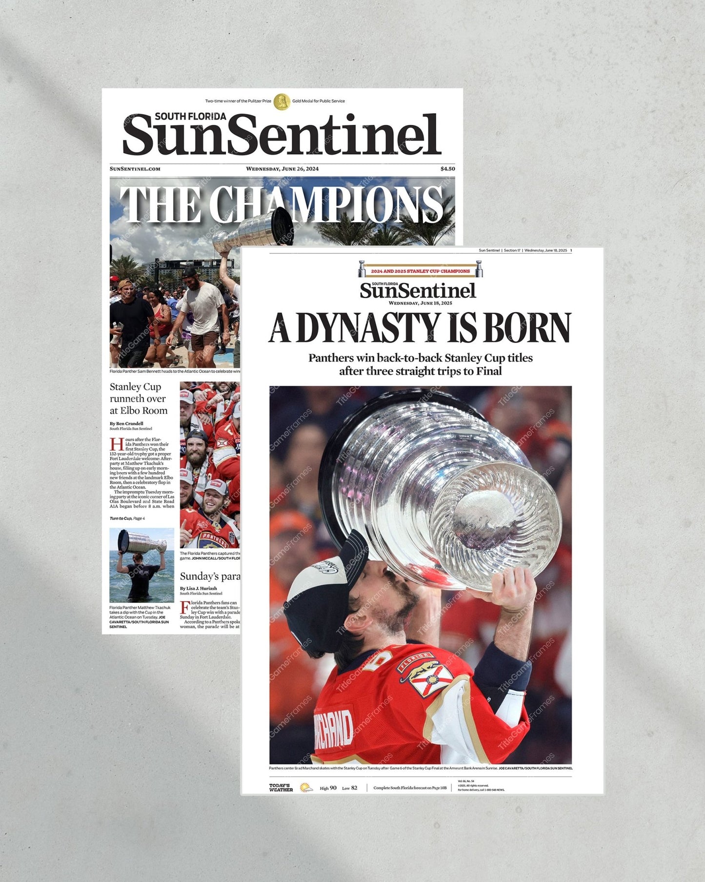 Florida Panthers 2024 & 2025 Stanley Cup Champions Collector’s Framed Newspaper Set - TitleGameFrames.com