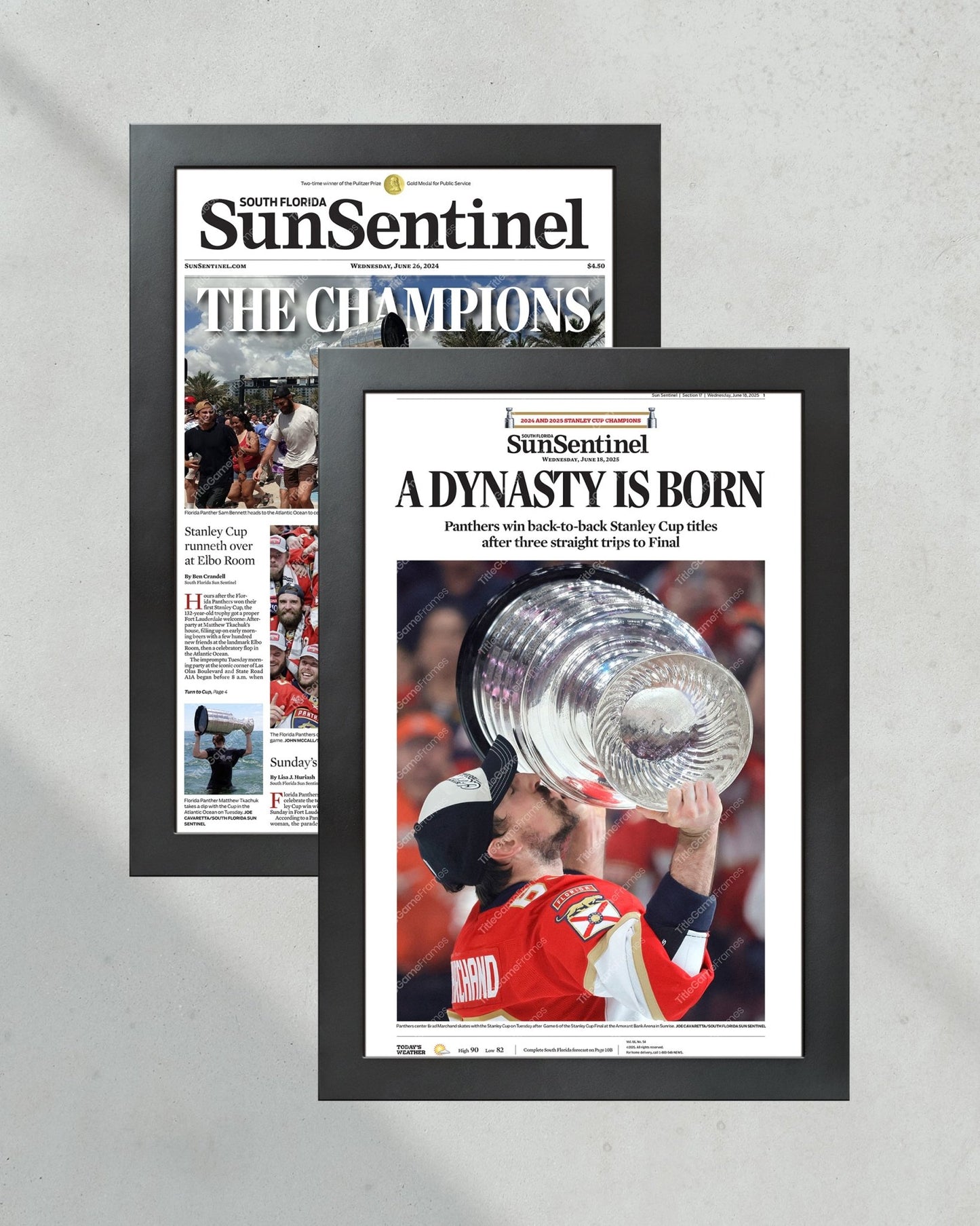 Florida Panthers 2024 & 2025 Stanley Cup Champions Collector’s Framed Newspaper Set - TitleGameFrames.com