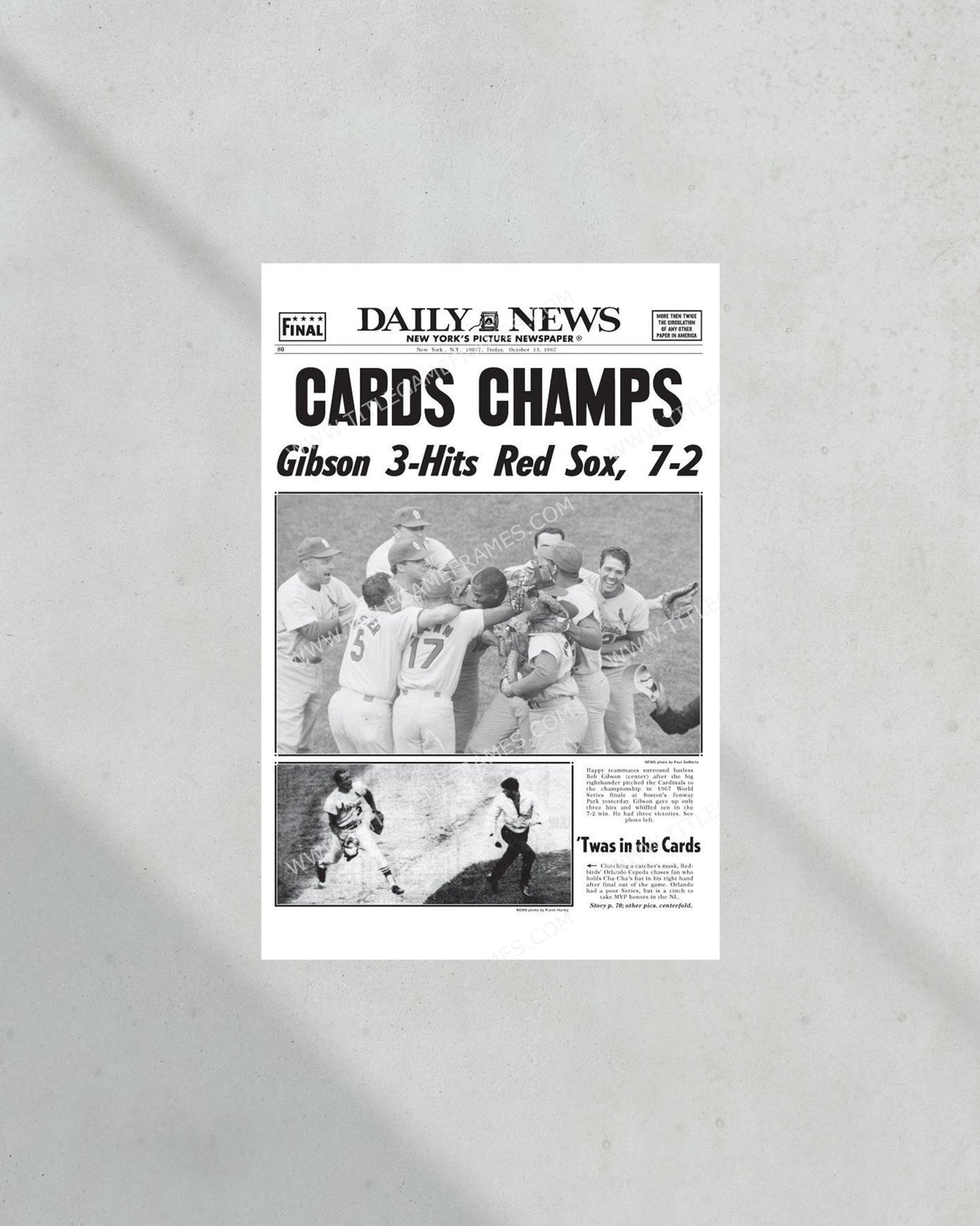 1967 St Louis Cardinals World Series Champs Framed Newspaper Print - Title Game Frames