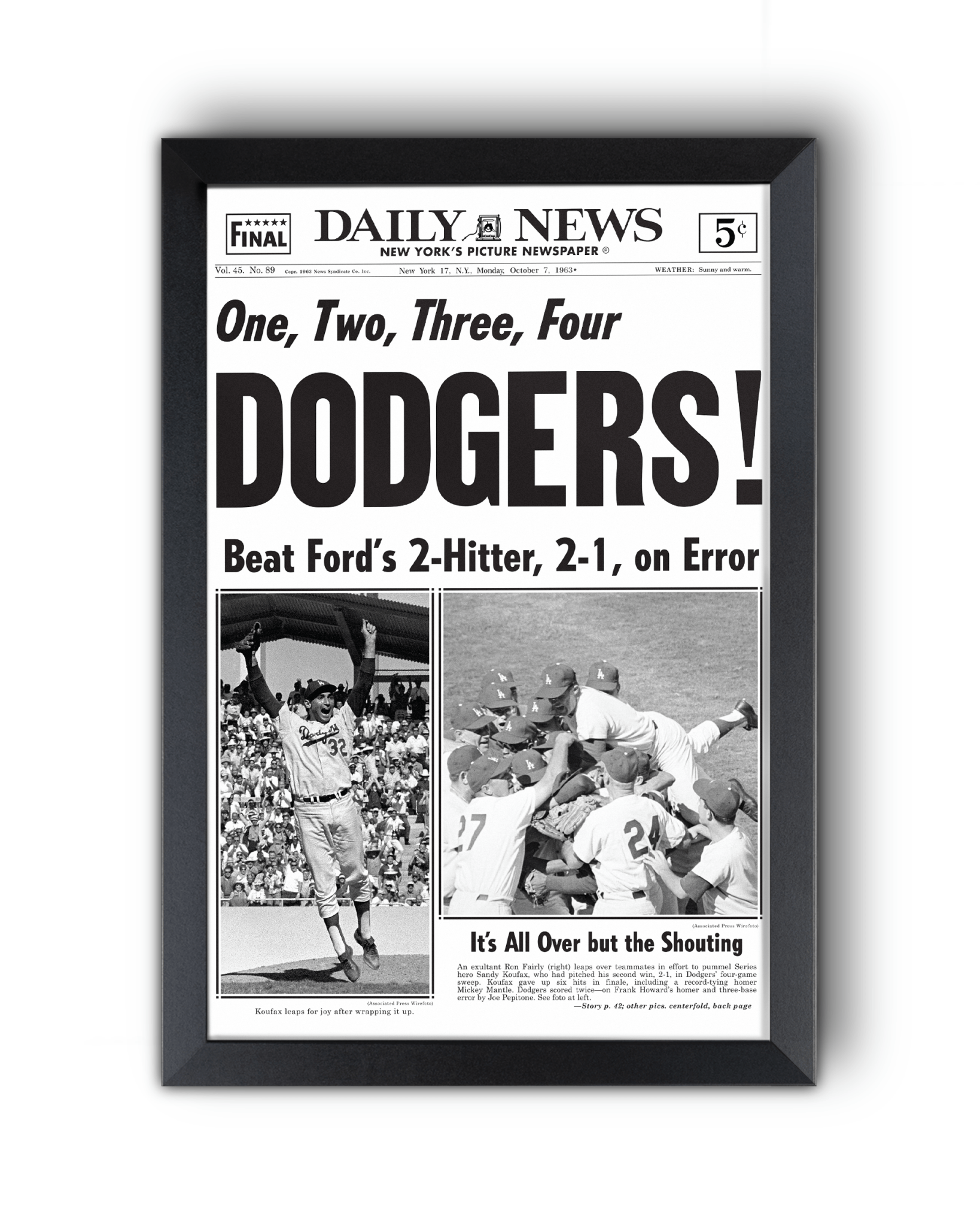 1963 LA Dodgers World Series Champs Framed Newspaper Print - TitleGameFrames.com