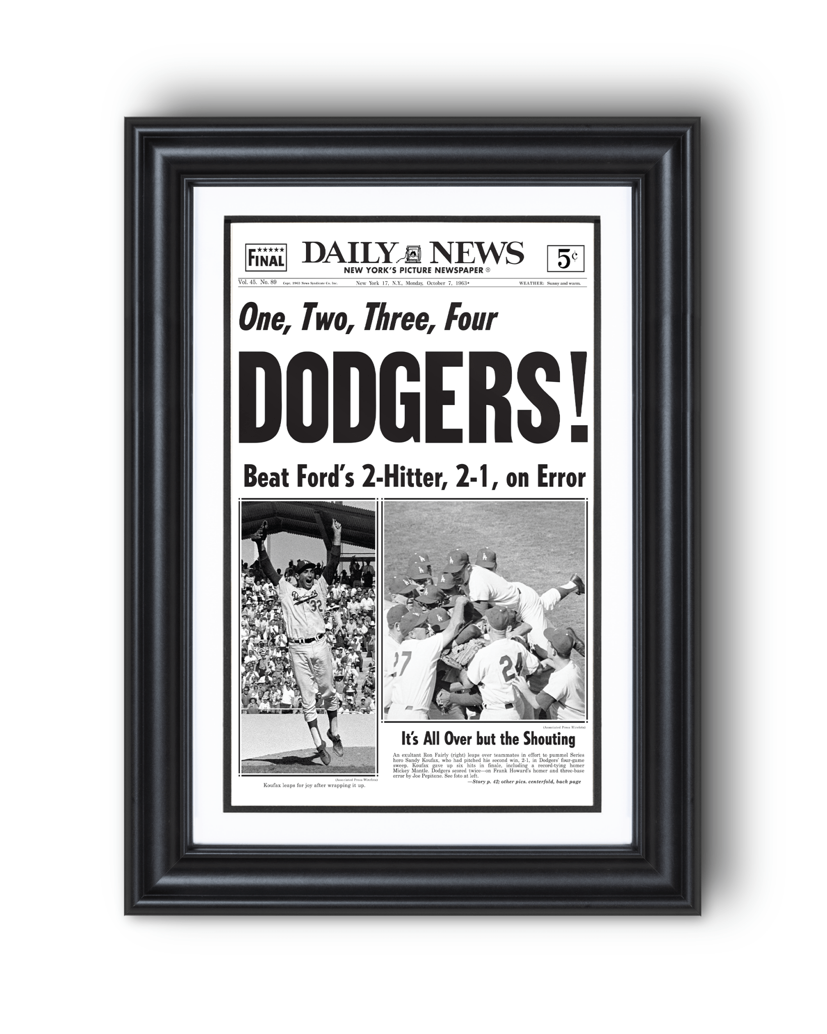 1963 LA Dodgers World Series Champs Framed Newspaper Print - TitleGameFrames.com