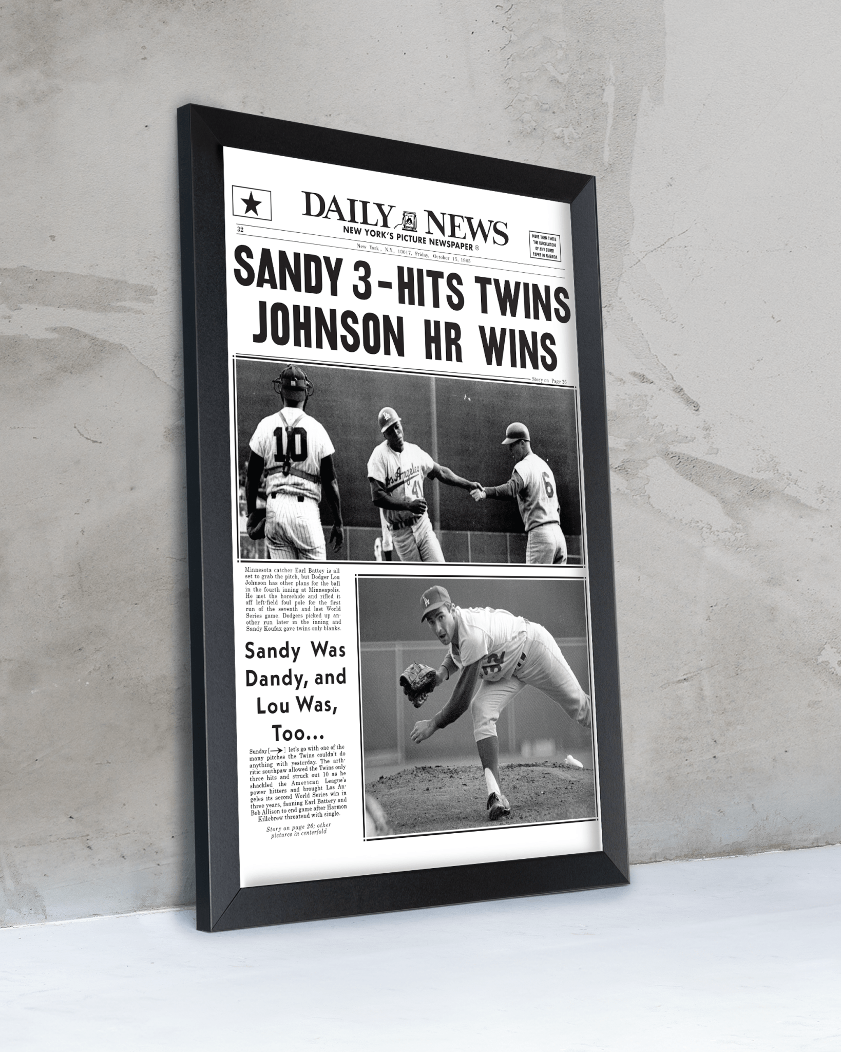 1965 LA Dodgers World Series Champions Framed Newspaper Print - TitleGameFrames.com