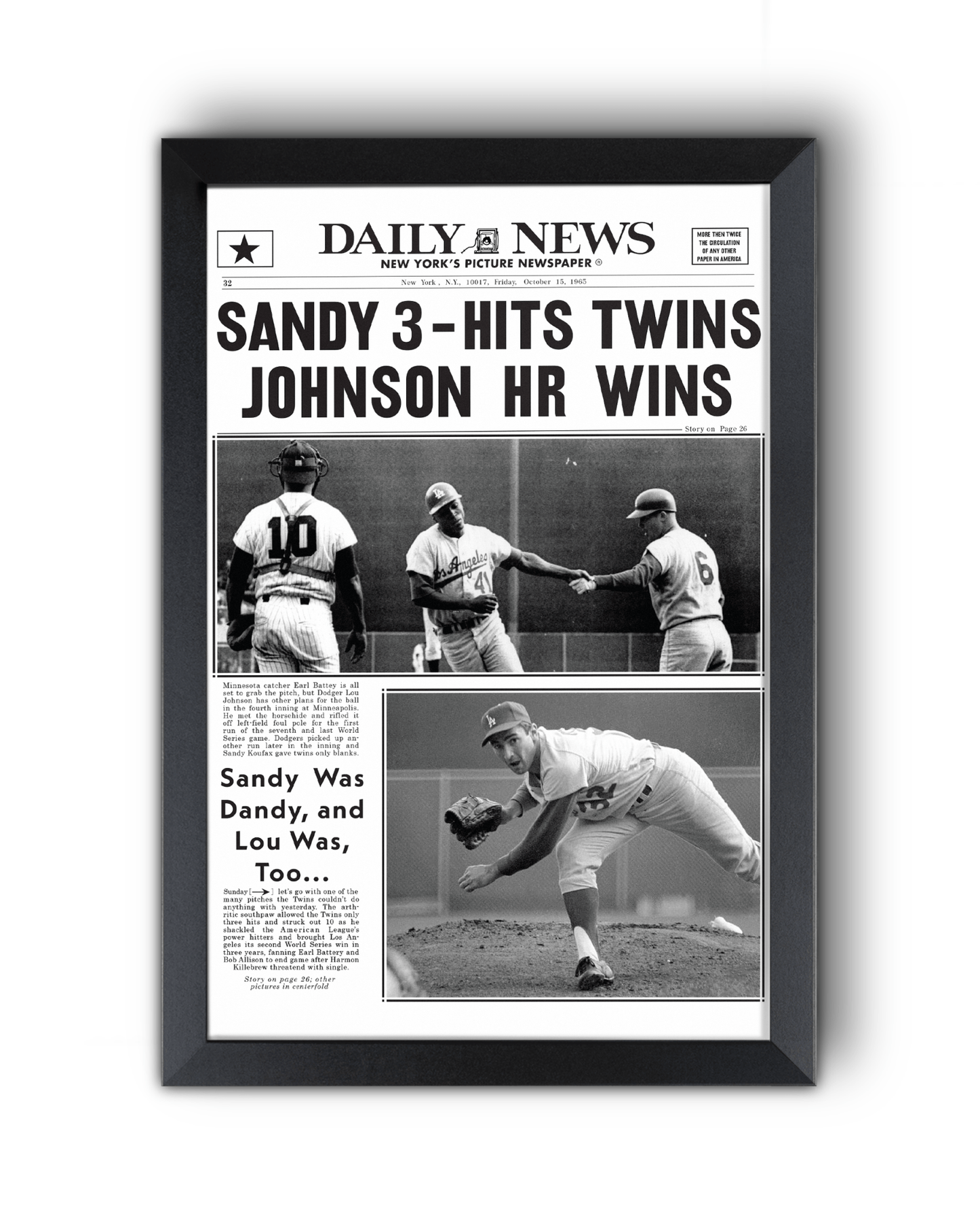 1965 LA Dodgers World Series Champions Framed Newspaper Print - TitleGameFrames.com