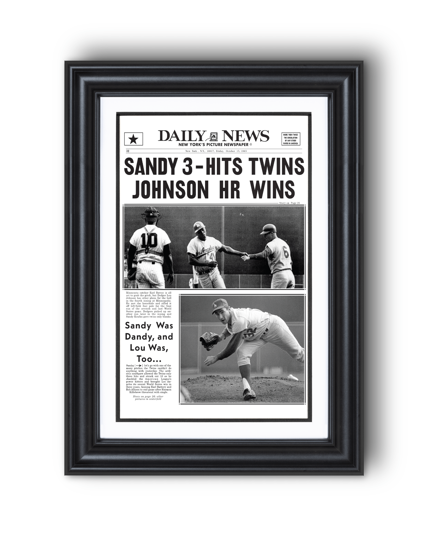 1965 LA Dodgers World Series Champions Framed Newspaper Print - TitleGameFrames.com