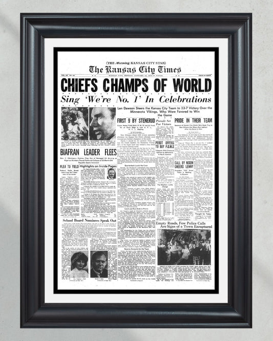 1970 Kansas City Chiefs Super Bowl Champions Framed Front Page Newspaper Print - TitleGameFrames.com