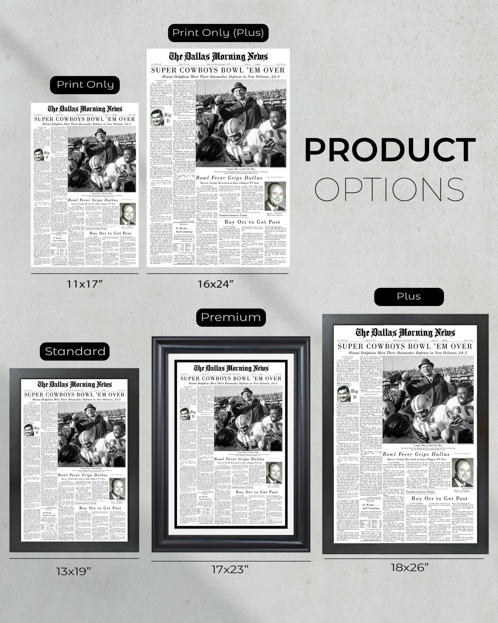 1972 Dallas Cowboys Super Bowl VI Champions Framed Front Page Newspaper Print - Title Game Frames