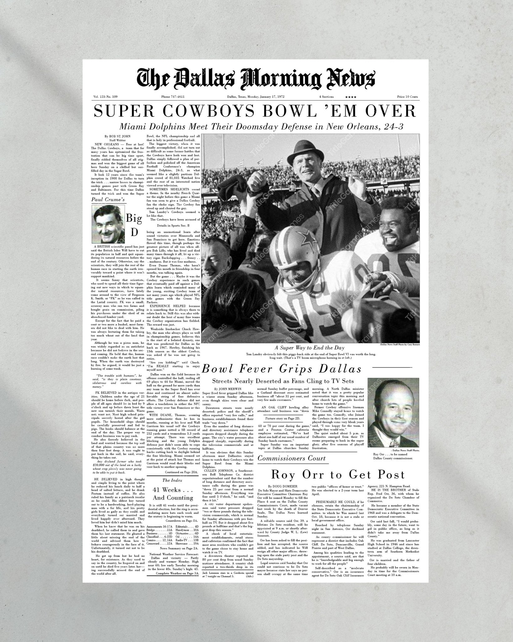 1972 Dallas Cowboys Super Bowl VI Champions Framed Front Page Newspaper Print - Title Game Frames
