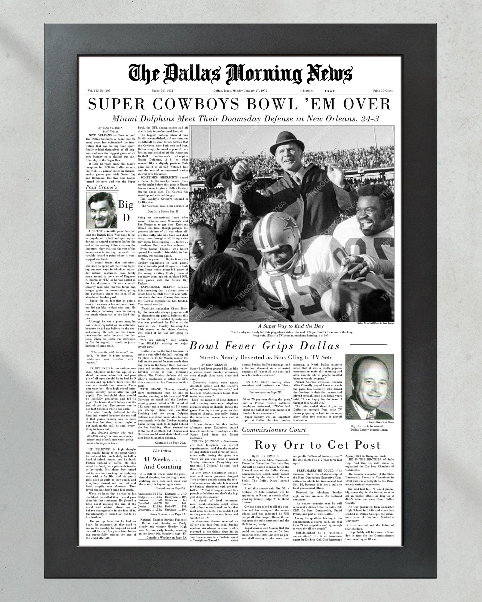 1972 Dallas Cowboys Super Bowl VI Champions Framed Front Page Newspaper Print - Title Game Frames