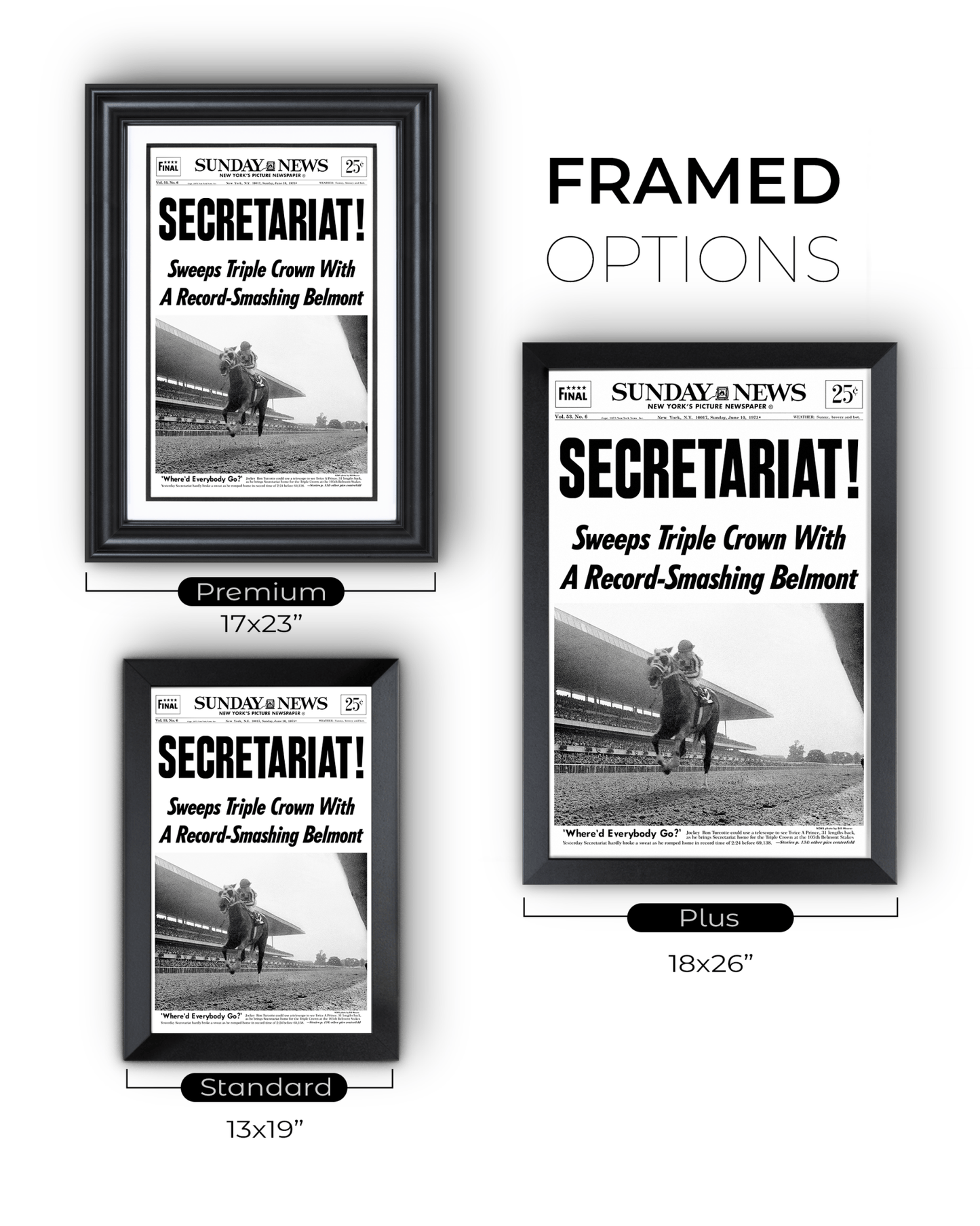 1973 Belmont Stakes “SECRETARIAT” Triple Crown Winner Framed Front Page Newspaper - TitleGameFrames.com