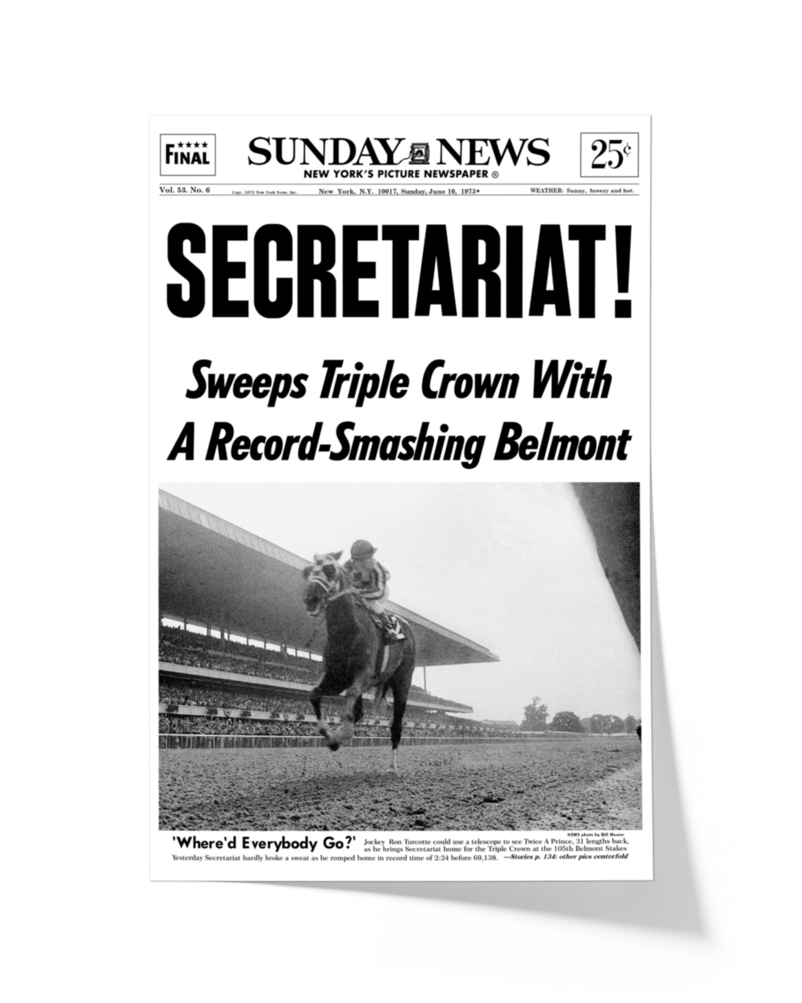 1973 Belmont Stakes “SECRETARIAT” Triple Crown Winner Framed Front Page Newspaper - TitleGameFrames.com
