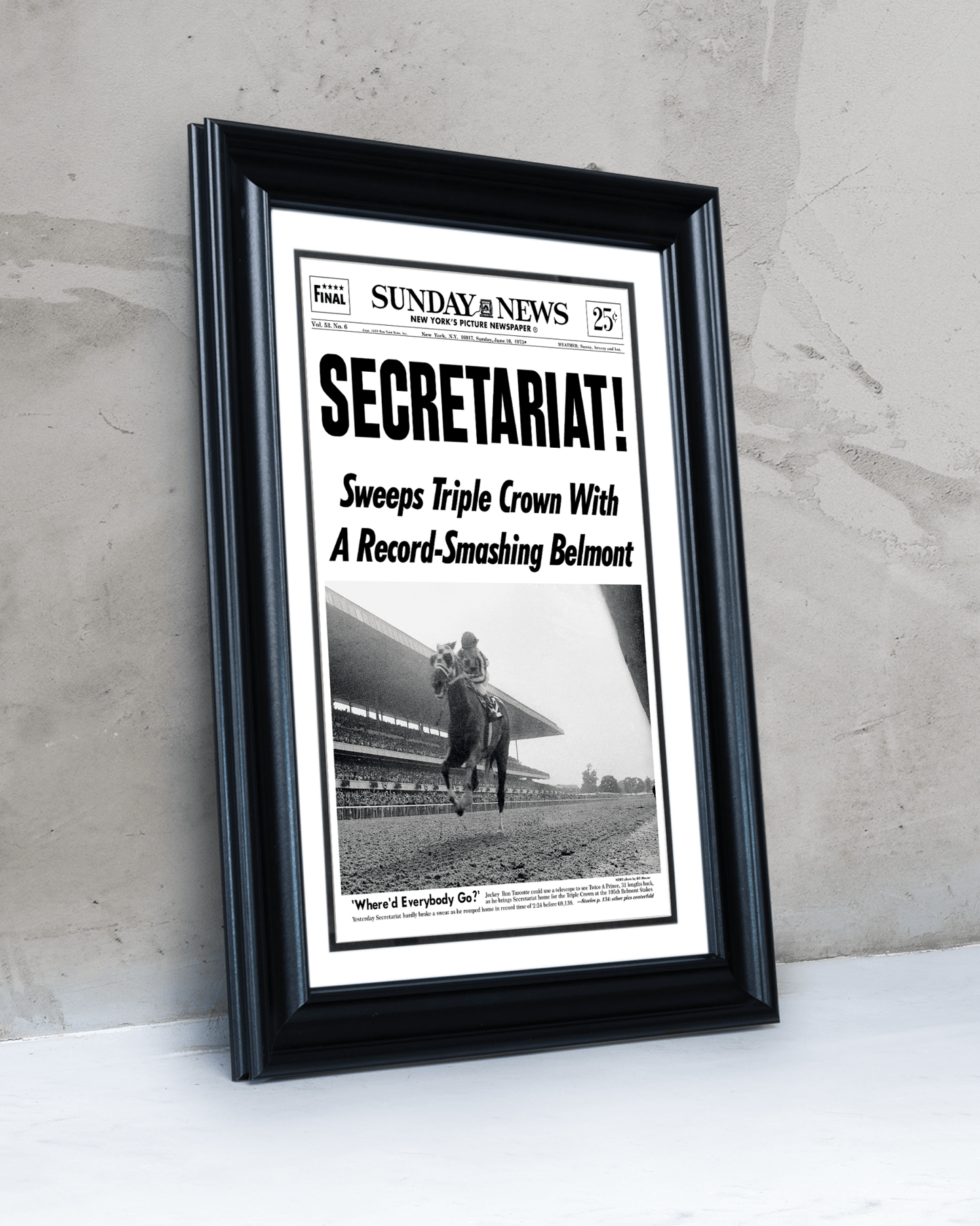 1973 Belmont Stakes “SECRETARIAT” Triple Crown Winner Framed Front Page Newspaper - TitleGameFrames.com