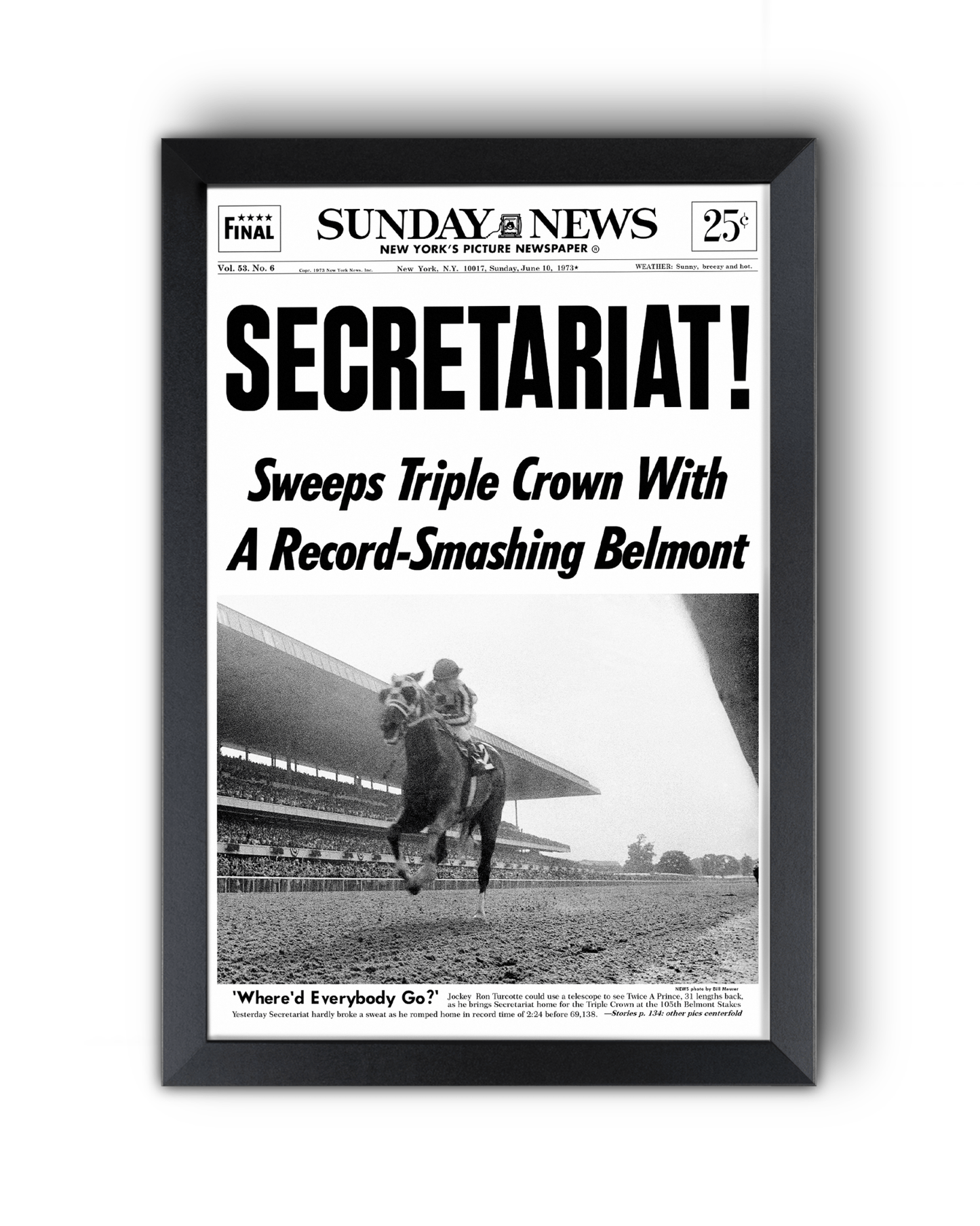 1973 Belmont Stakes “SECRETARIAT” Triple Crown Winner Framed Front Page Newspaper - TitleGameFrames.com