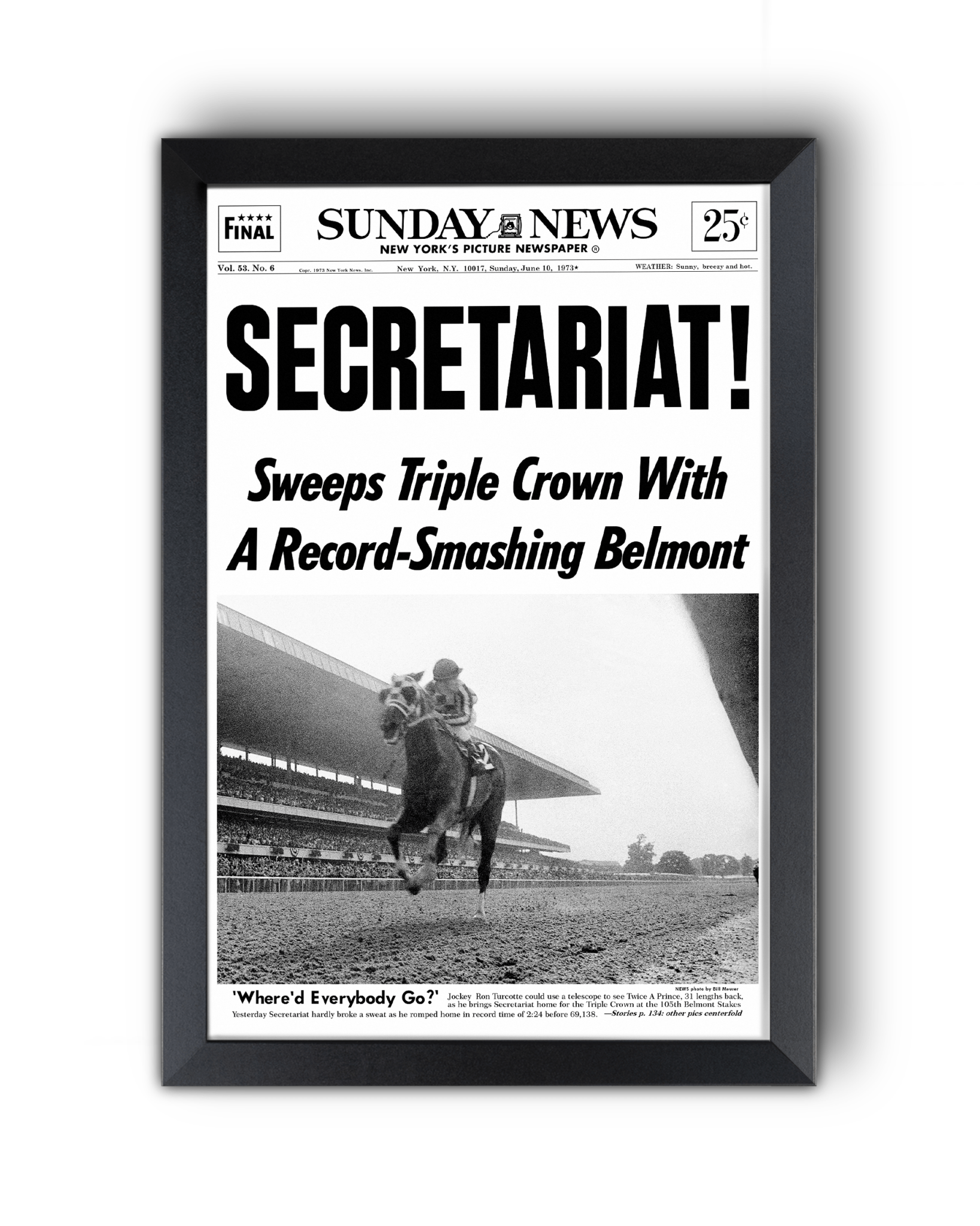 1973 Belmont Stakes “SECRETARIAT” Triple Crown Winner Framed Front Page Newspaper - TitleGameFrames.com