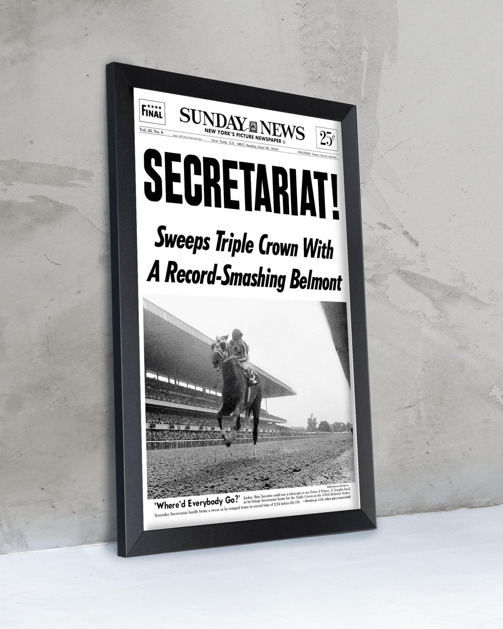 1973 Belmont Stakes “SECRETARIAT” Triple Crown Winner Framed Front Page Newspaper - TitleGameFrames.com