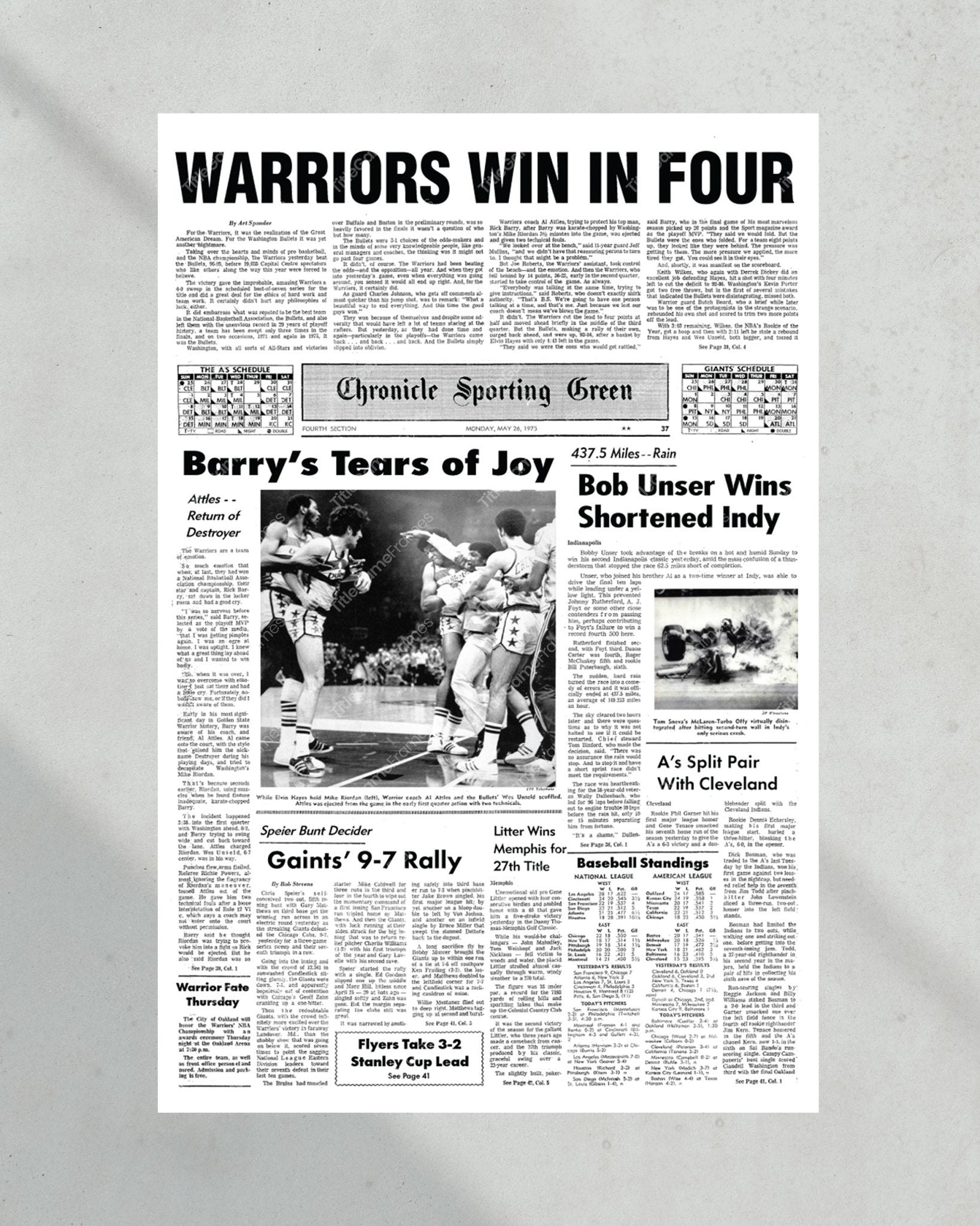 1975 Golden State Warriors "Win in Four" NBA Champion Framed Front Page Newspaper - Title Game Frames