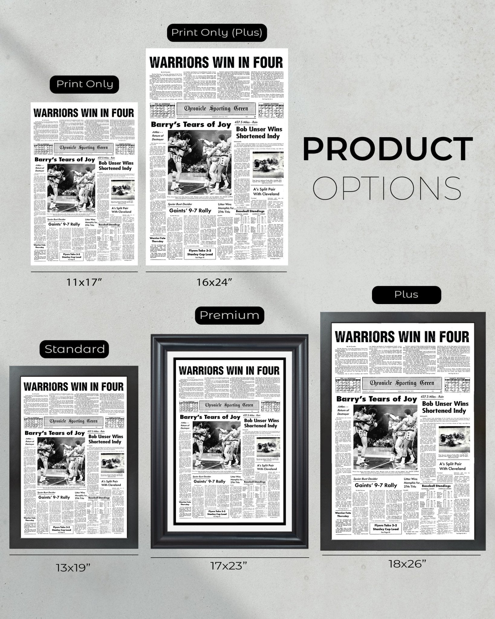 1975 Golden State Warriors "Win in Four" NBA Champion Framed Front Page Newspaper - Title Game Frames