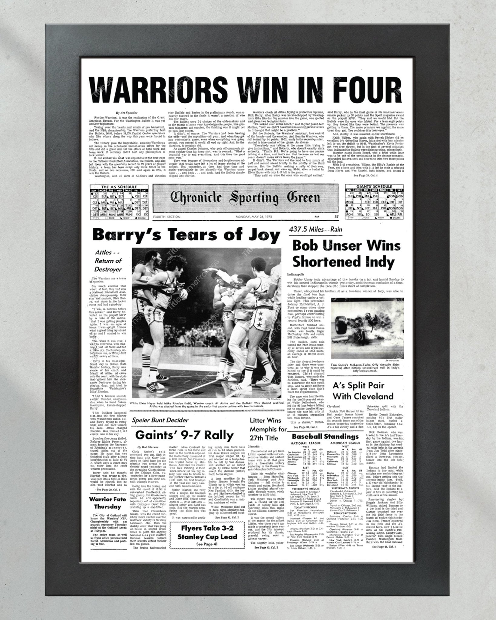 1975 Golden State Warriors "Win in Four" NBA Champion Framed Front Page Newspaper - Title Game Frames