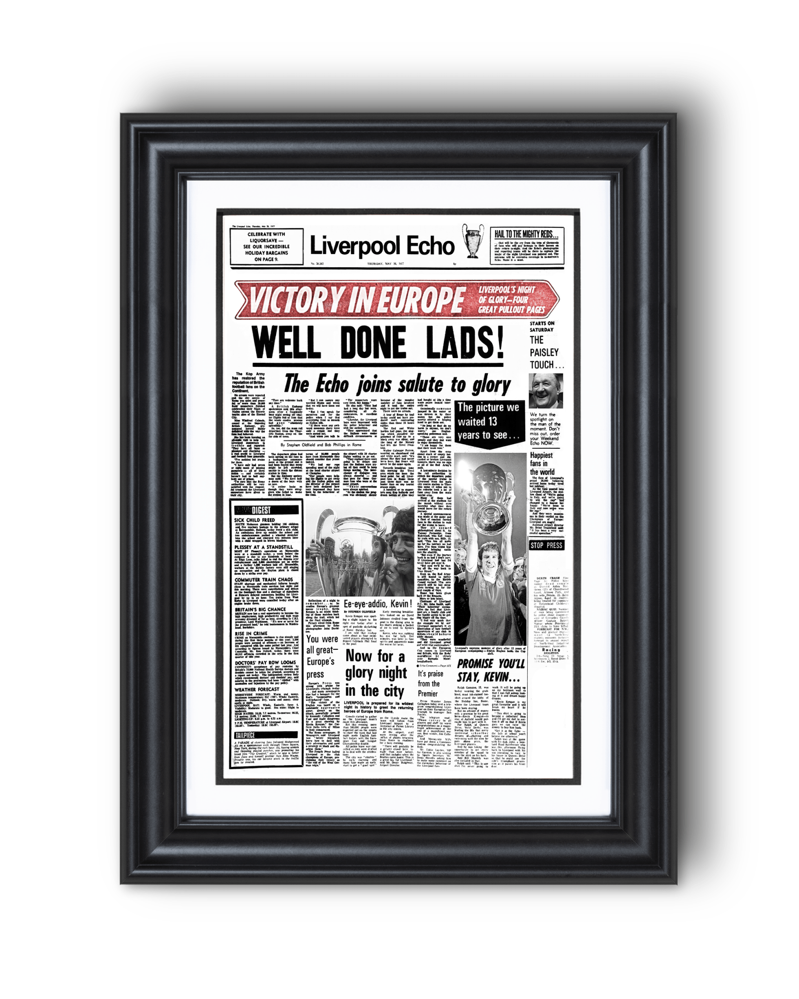 1977 Liverpool Football "Well Done Lads!" European Cup Champions Framed Newspaper - TitleGameFrames.com