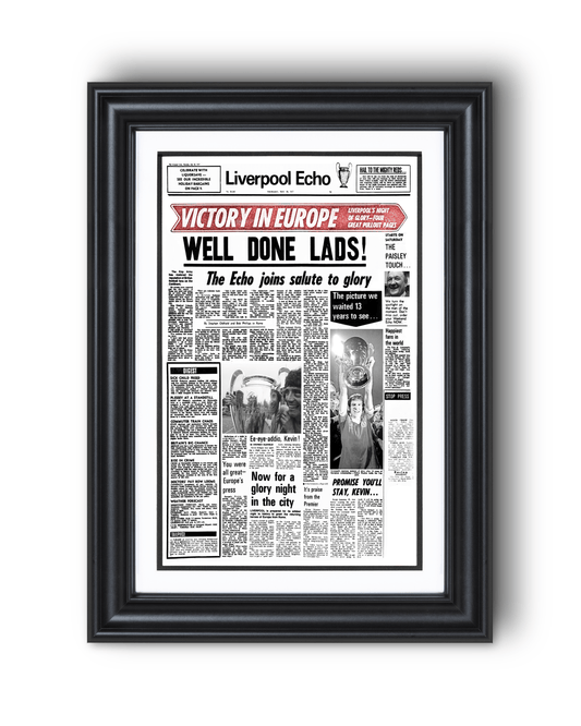 1977 Liverpool Football "Well Done Lads!" European Cup Champions Framed Newspaper - TitleGameFrames.com