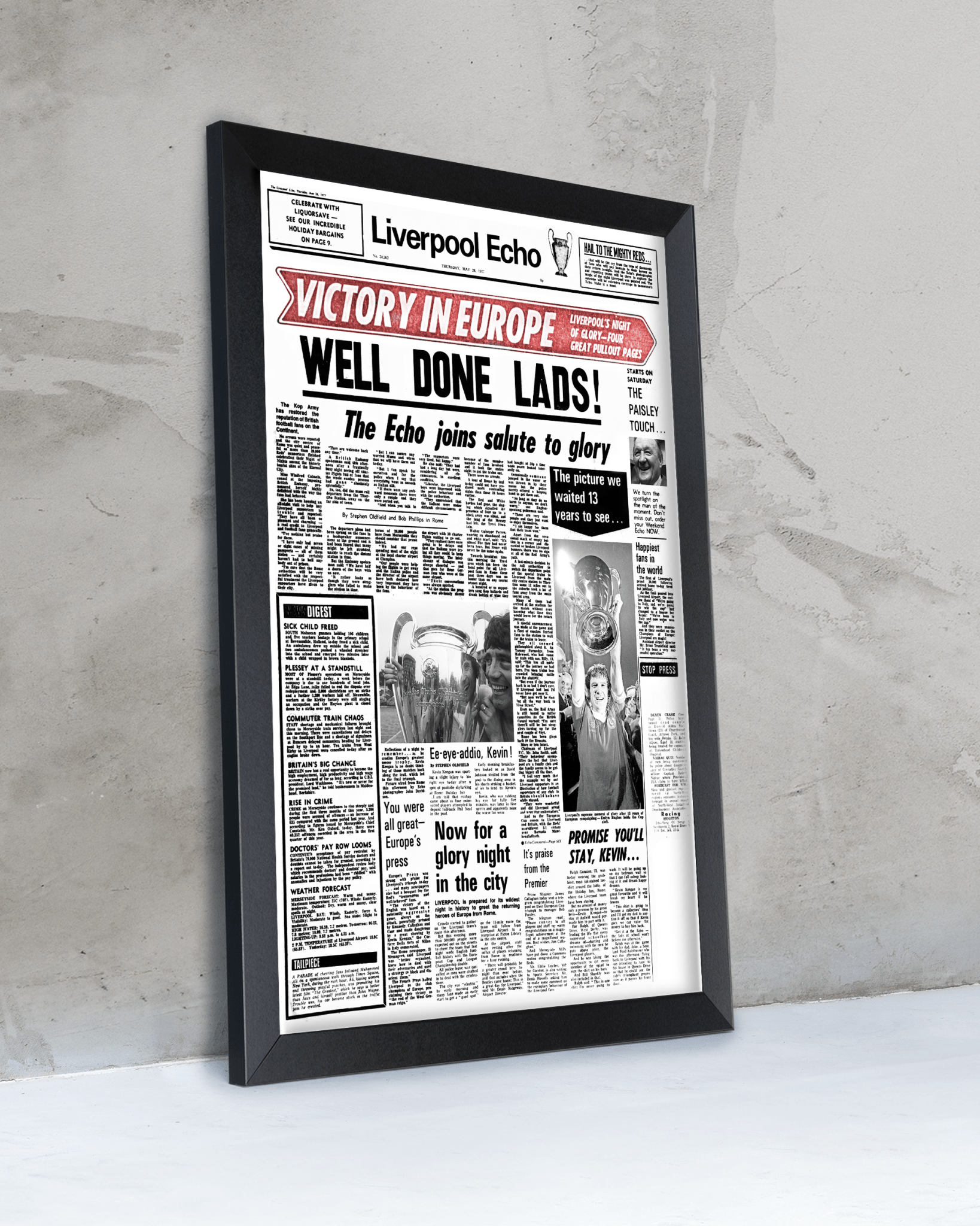 1977 Liverpool Football "Well Done Lads!" European Cup Champions Framed Newspaper - TitleGameFrames.com