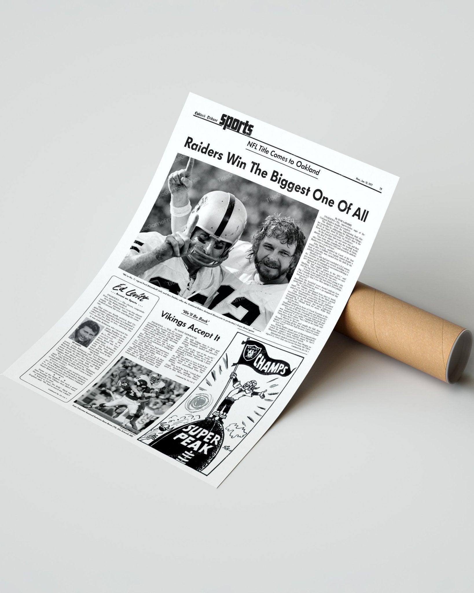 1977 Oakland Raiders Super Bowl XI Champions Framed Front Page Newspaper Print - Title Game Frames