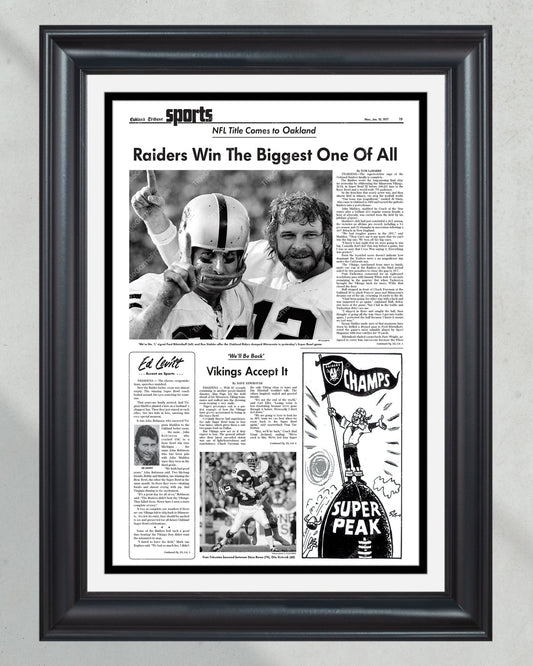 1977 Oakland Raiders Super Bowl XI Champions Framed Front Page Newspaper Print - Title Game Frames