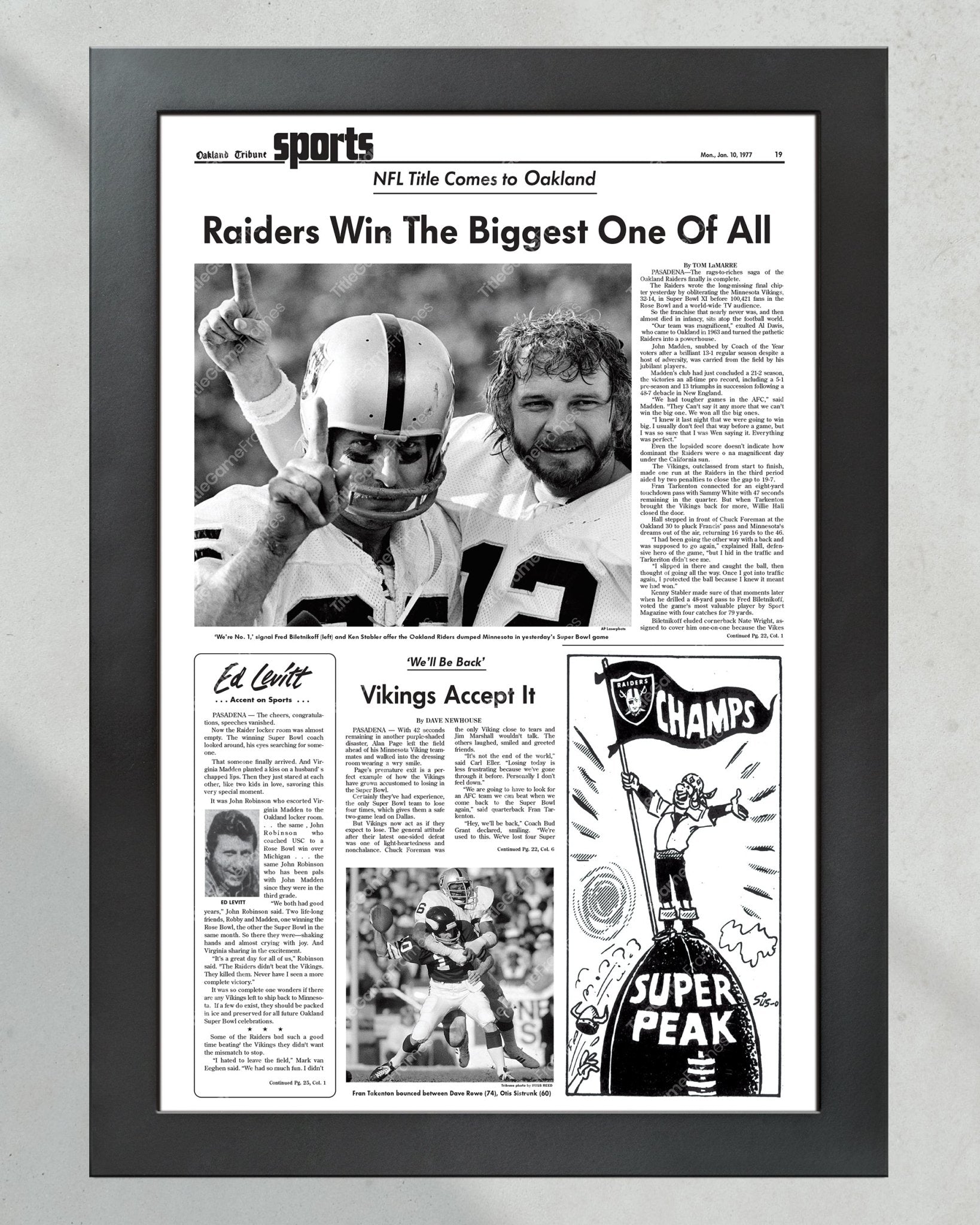 1977 Oakland Raiders Super Bowl XI Champions Framed Front Page Newspaper Print - Title Game Frames