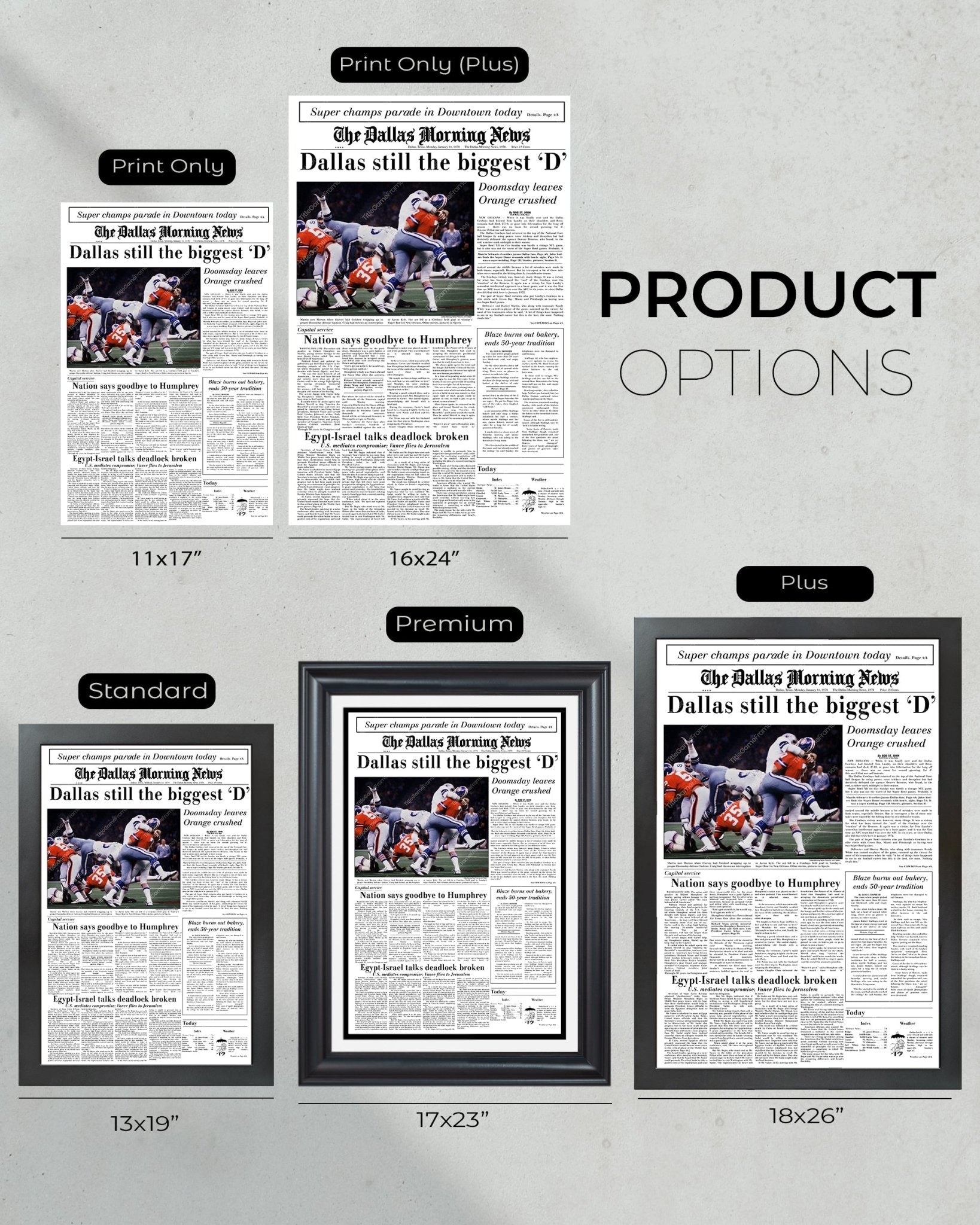 1978 Dallas Cowboys Super XII Champions Framed Front Page Newspaper Print - Title Game Frames
