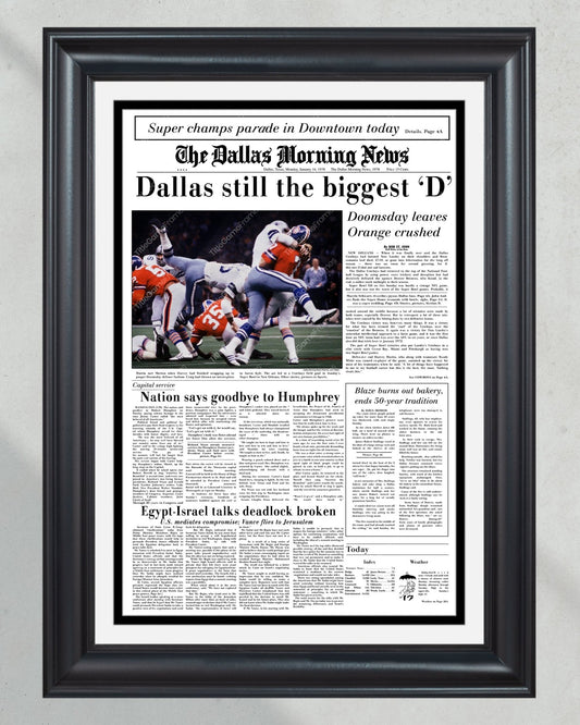 1978 Dallas Cowboys Super XII Champions Framed Front Page Newspaper Print - Title Game Frames