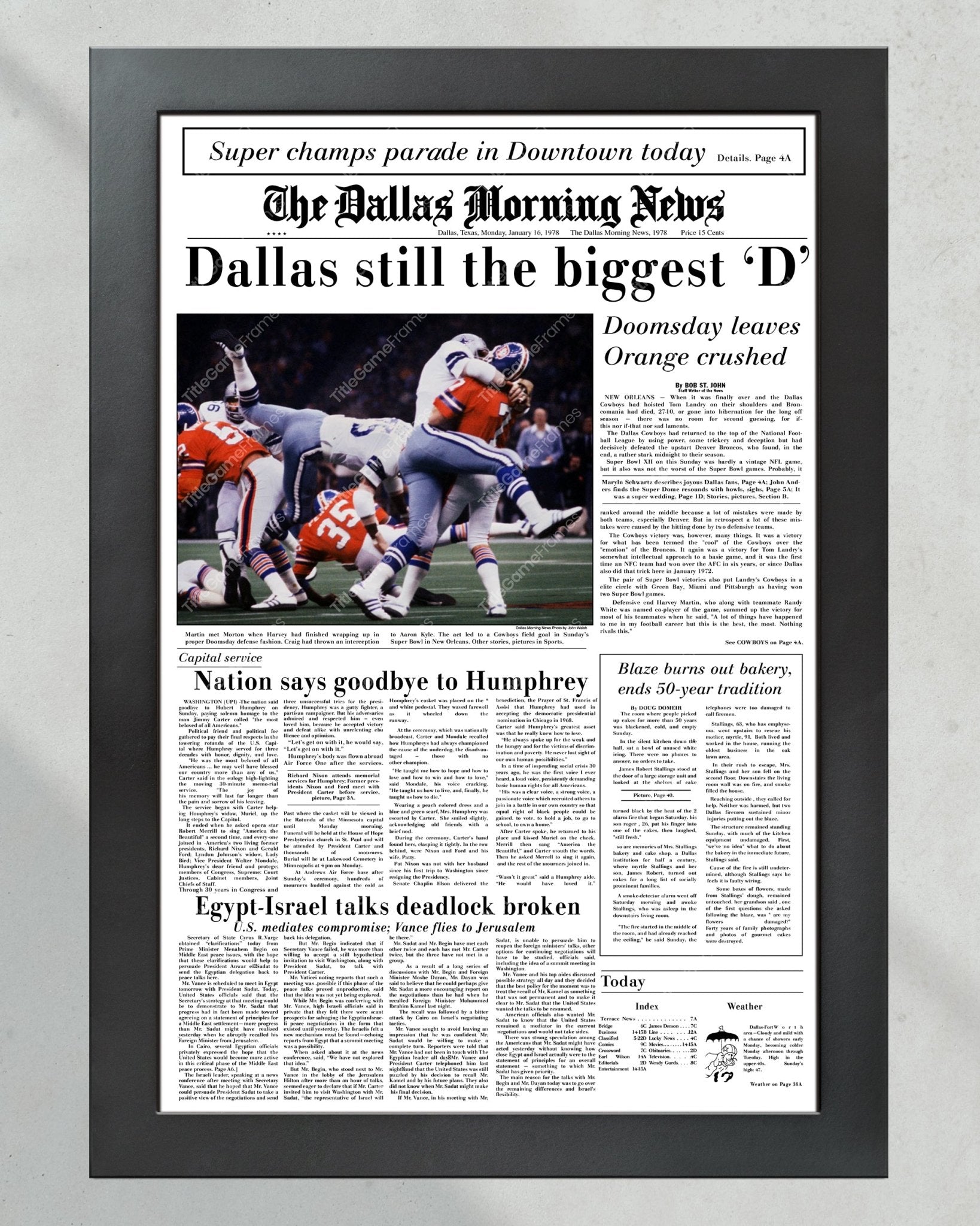 1978 Dallas Cowboys Super XII Champions Framed Front Page Newspaper Print - Title Game Frames