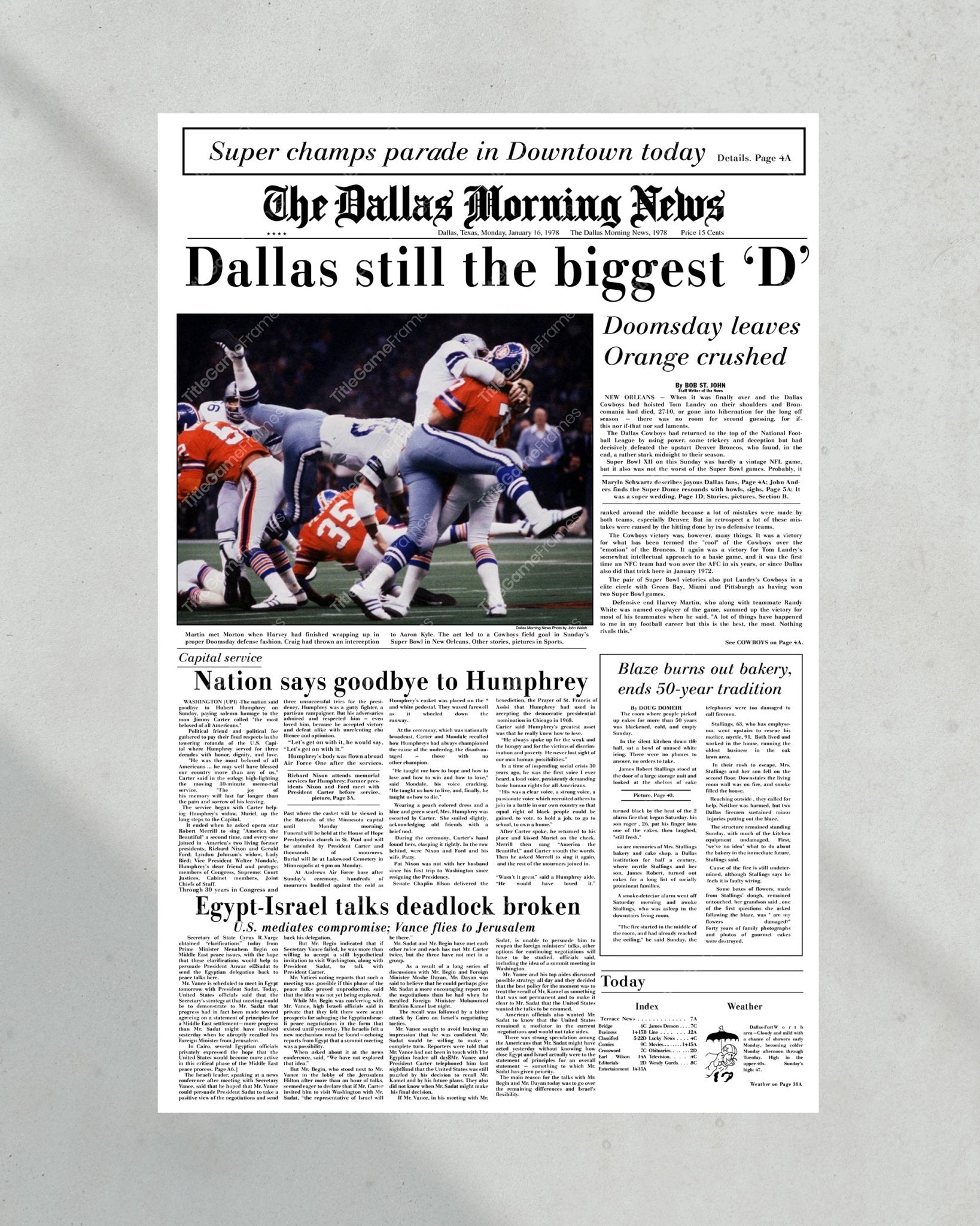 1978 Dallas Cowboys Super XII Champions Framed Front Page Newspaper Print - Title Game Frames