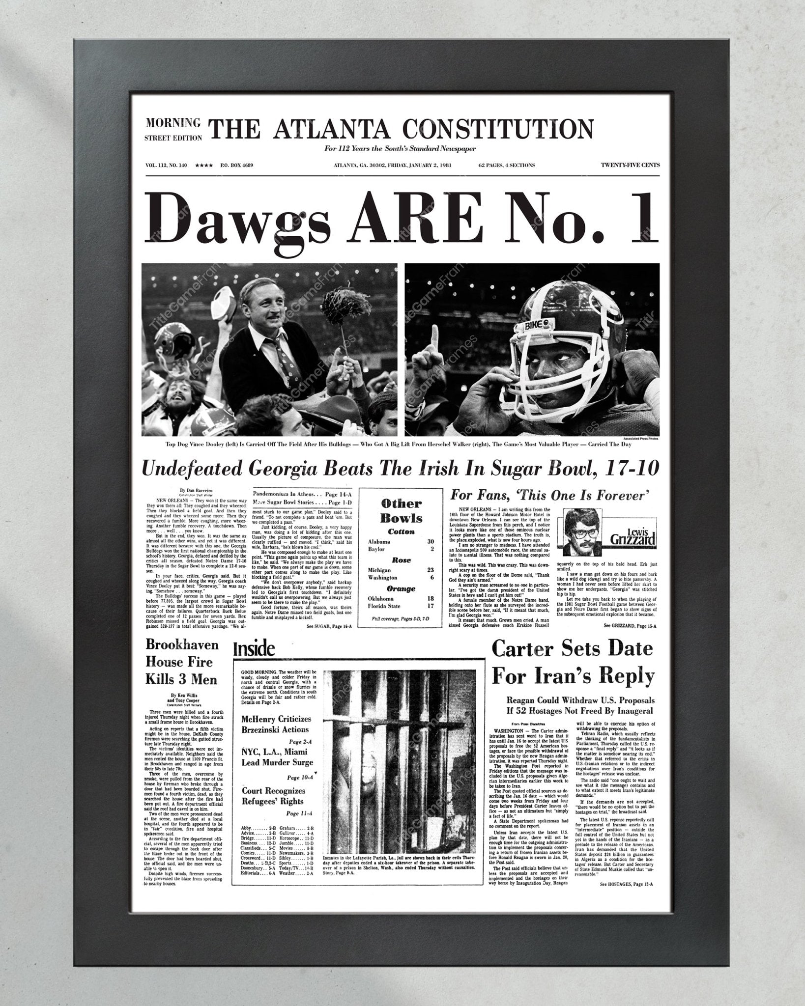 1980 Georgia Bulldogs National Champions Framed Front Page Newspaper Print UGA - Title Game Frames