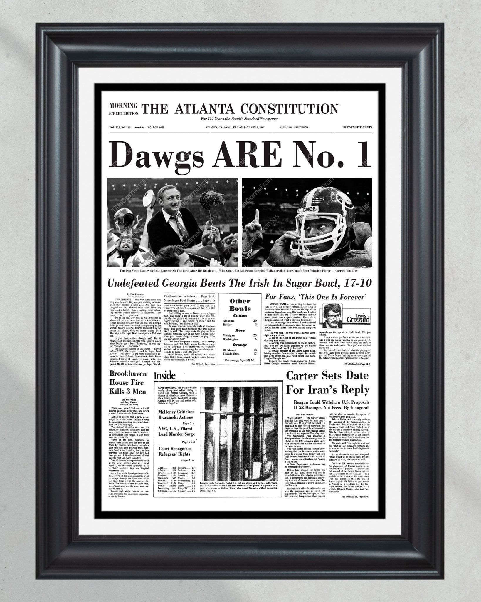 1980 Georgia Bulldogs National Champions Framed Front Page Newspaper Print UGA - Title Game Frames