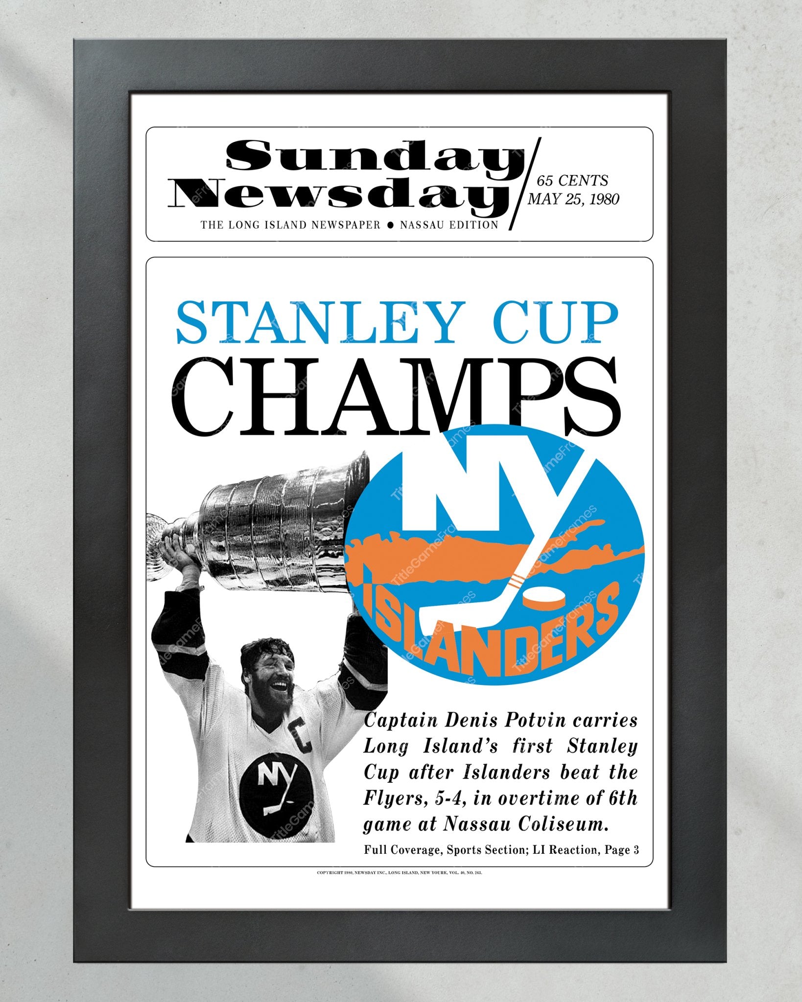 1980 New York Islanders Stanley Cup Victory - Commemorative Framed Newspaper - Title Game Frames