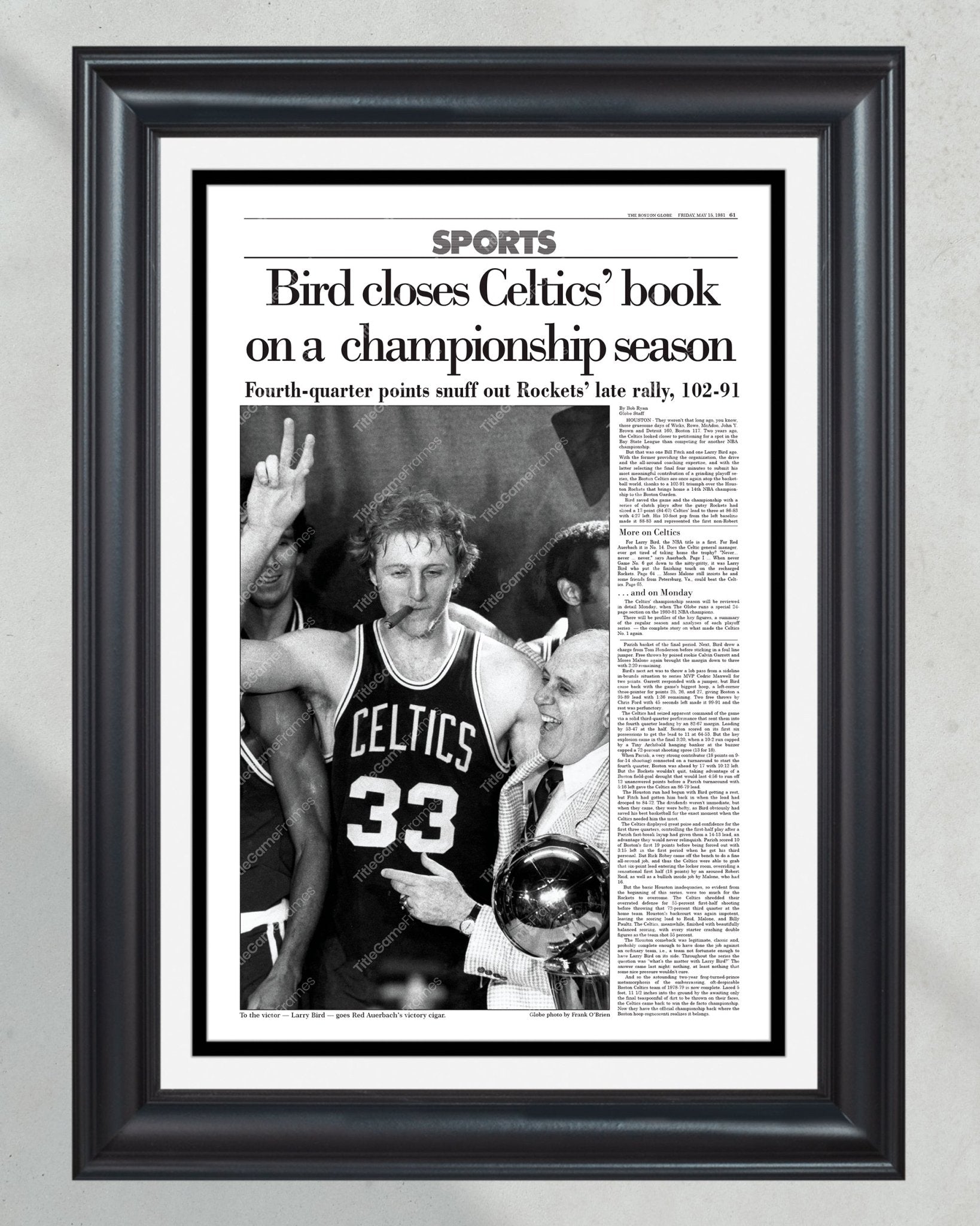 1981 Boston Celtics NBA Champion Framed Front Page Newspaper Print - Title Game Frames
