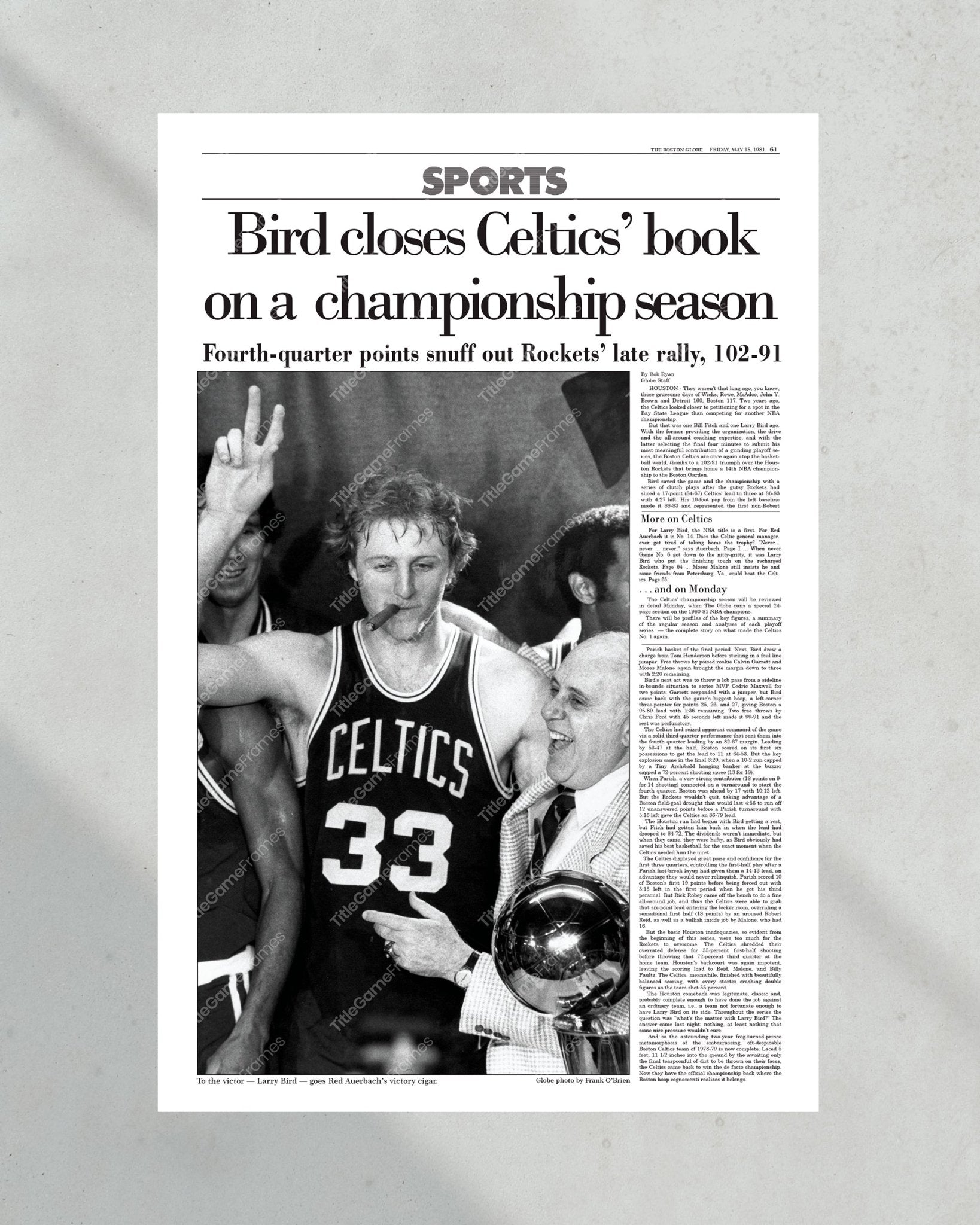 1981 Boston Celtics NBA Champion Framed Front Page Newspaper Print - Title Game Frames