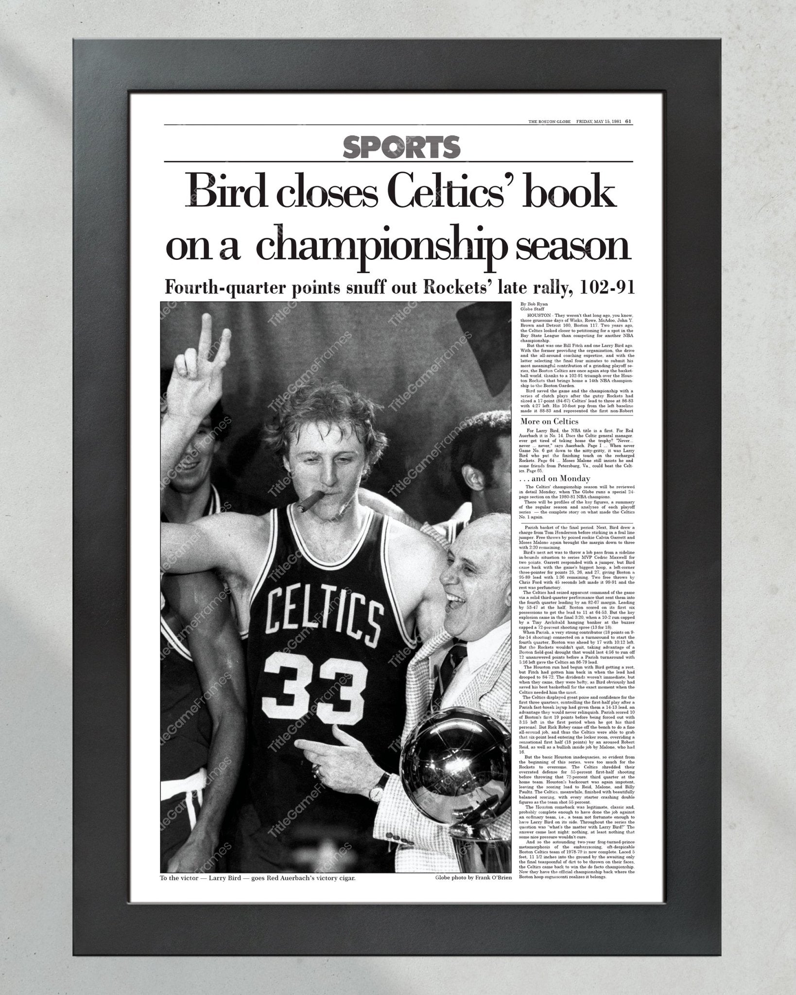 1981 Boston Celtics NBA Champion Framed Front Page Newspaper Print - Title Game Frames