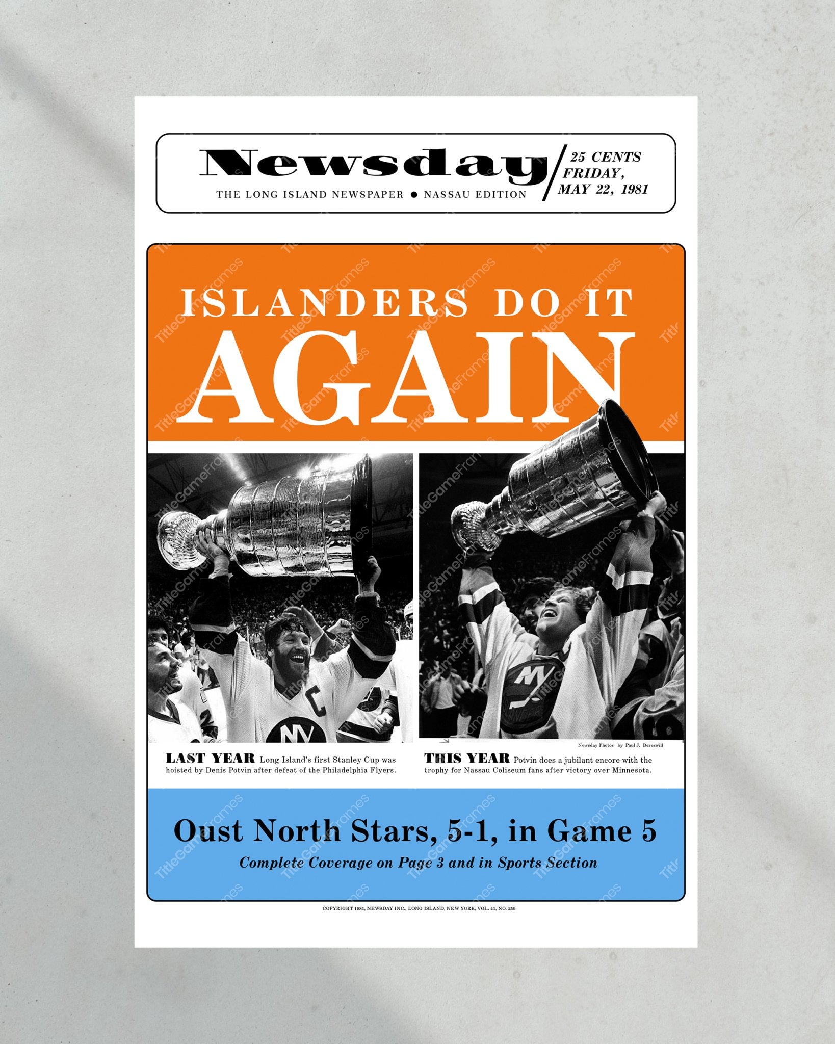 1981 New York Islanders Stanley Cup Champions - Collector's Edition Framed Newspaper - Title Game Frames