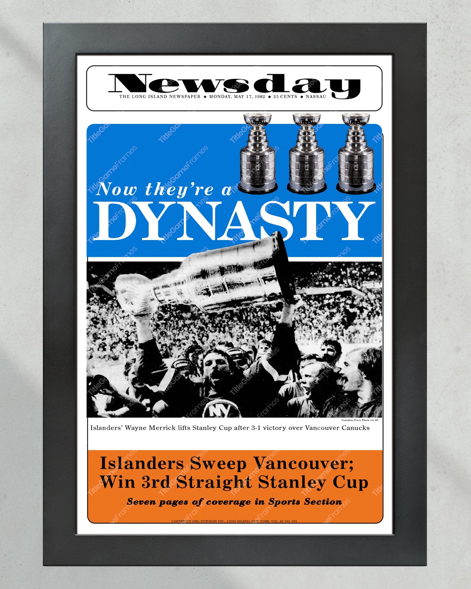 1982 New York Islanders Stanley Cup Dynasty - Collector's Edition Framed Newspaper - Title Game Frames