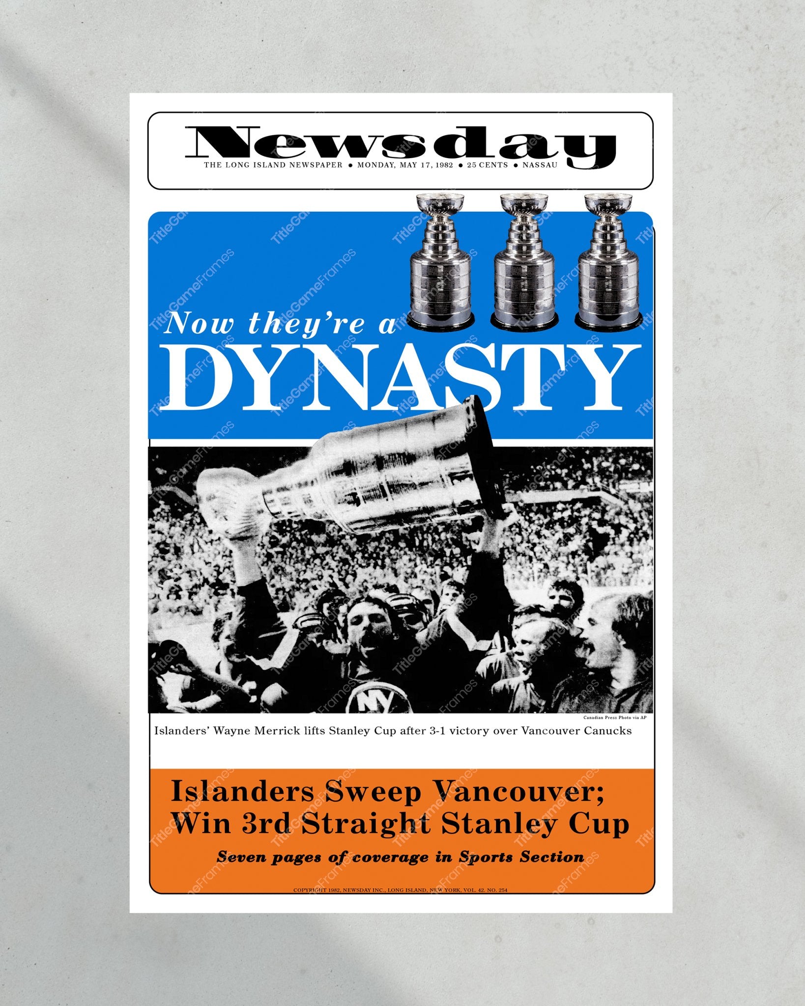 1982 New York Islanders Stanley Cup Dynasty - Collector's Edition Framed Newspaper - Title Game Frames