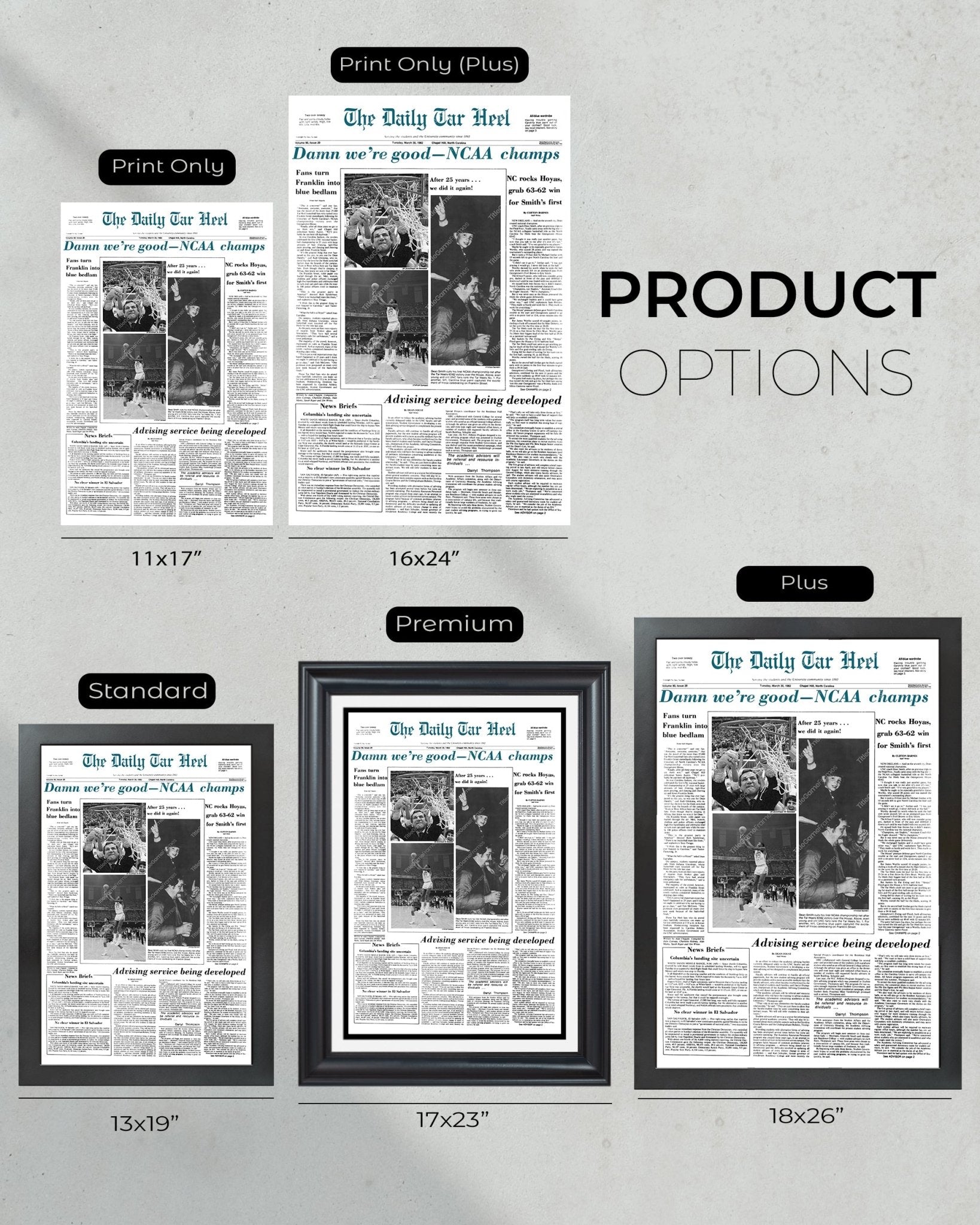 1982 North Carolina Tar Heels NCAA College Basketball Champions Framed Front Page Newspaper Print - Title Game Frames