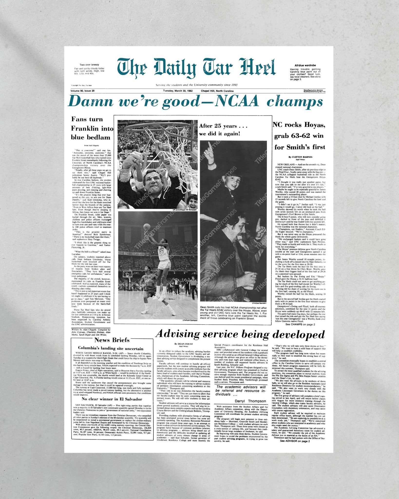 1982 North Carolina Tar Heels NCAA College Basketball Champions Framed Front Page Newspaper Print - Title Game Frames
