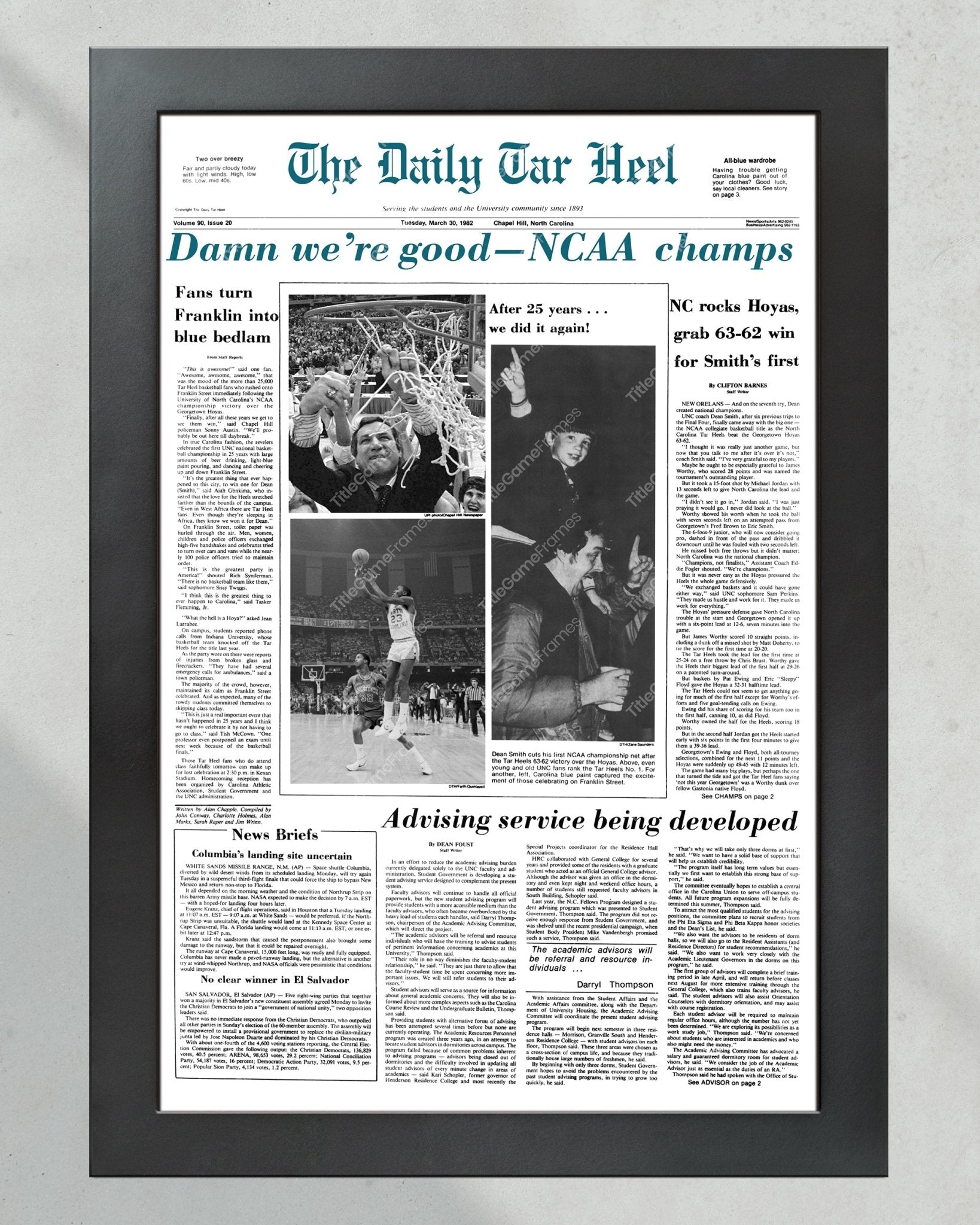 1982 North Carolina Tar Heels NCAA College Basketball Champions Framed Front Page Newspaper Print - Title Game Frames